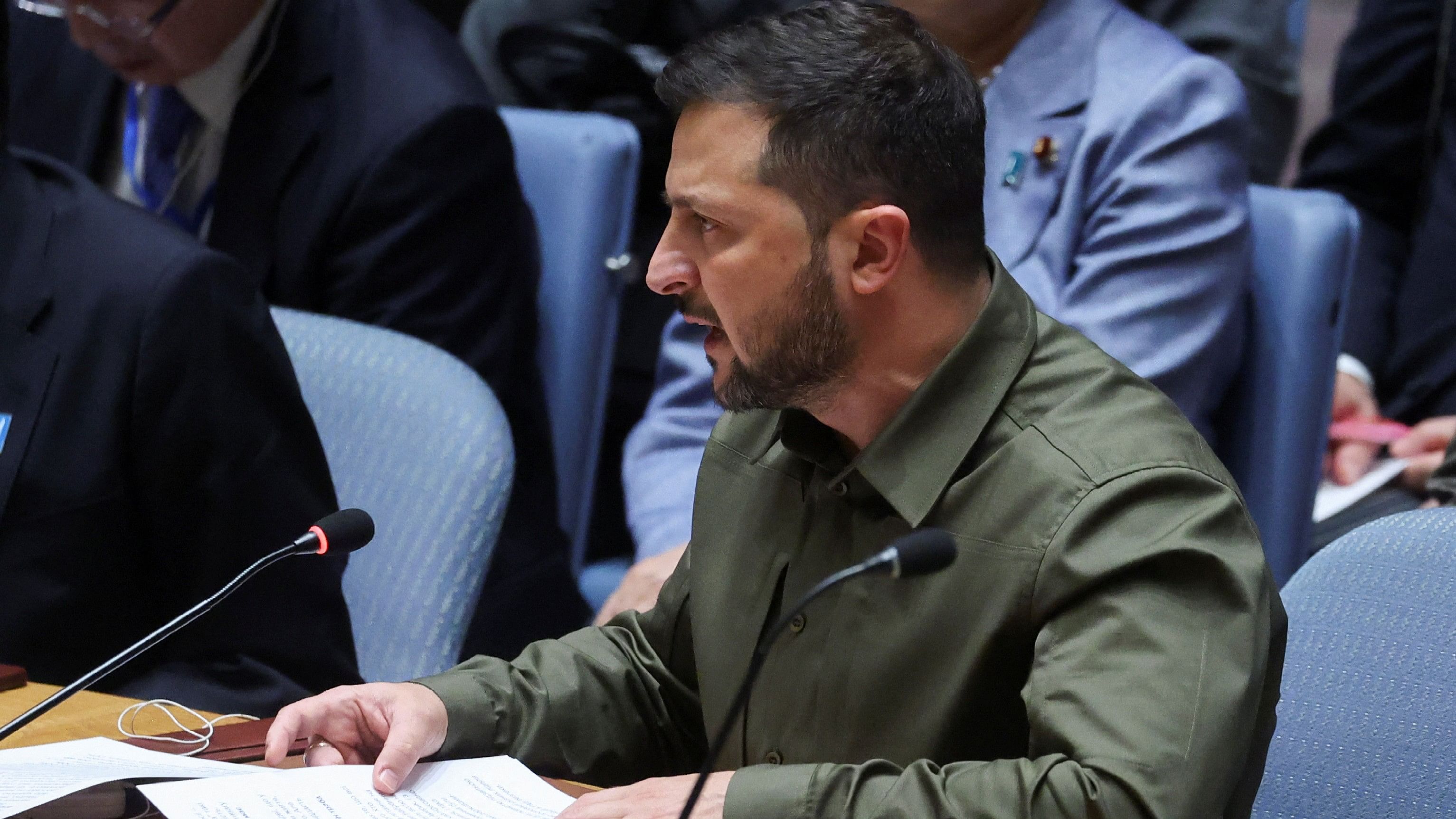 <div class="paragraphs"><p>Ukraine's President Volodymyr Zelenskiy addresses the United Nations Security Council during a ministerial level meeting of the Security Council on the crisis in Ukraine at U.N. headquarters in New York, September 20, 2023.</p></div>