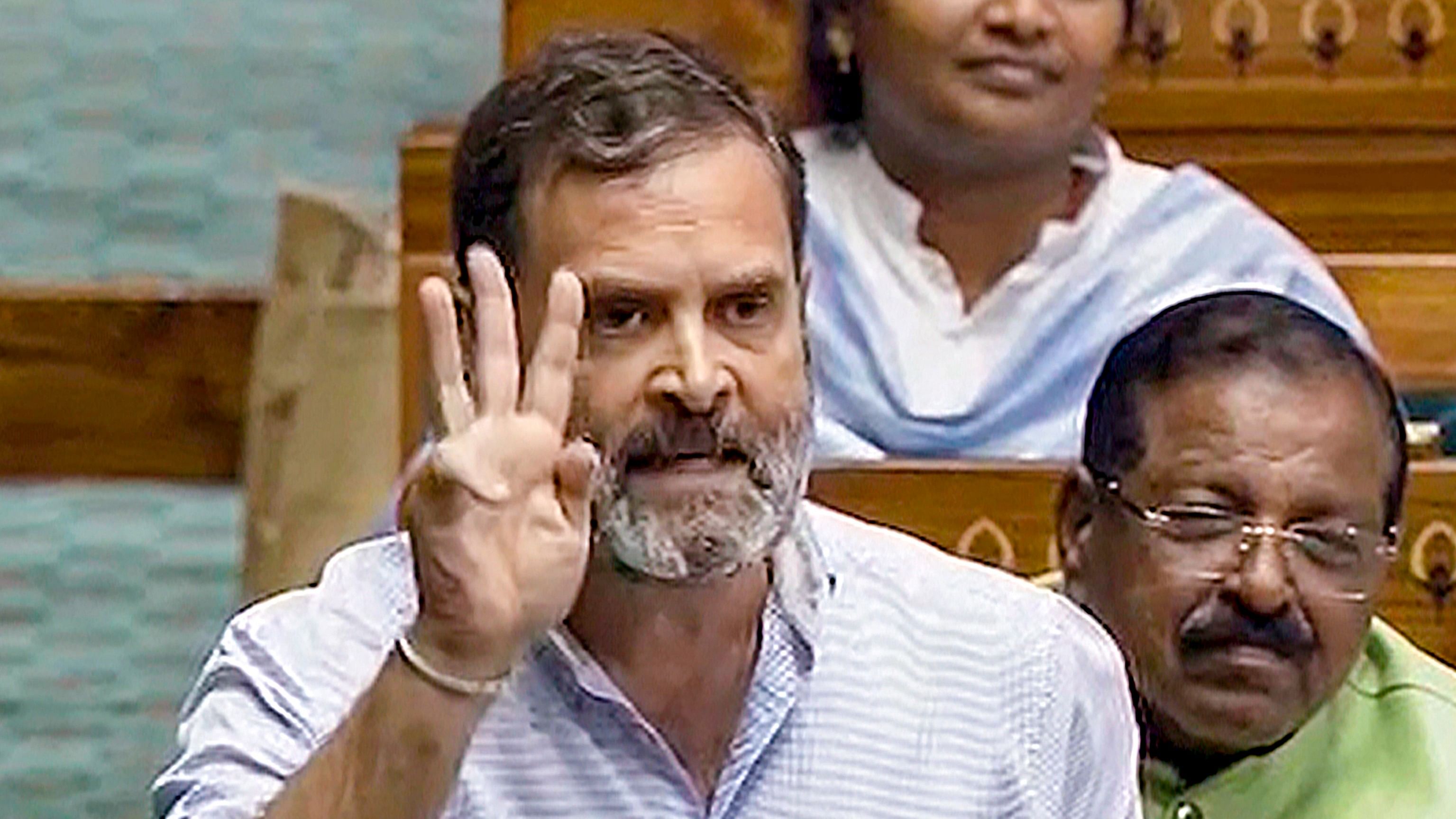 <div class="paragraphs"><p>Congress MP Rahul Gandhi speaks in the Lok Sabha during the special session of the Parliament, in New Delhi, Wednesday.</p></div>