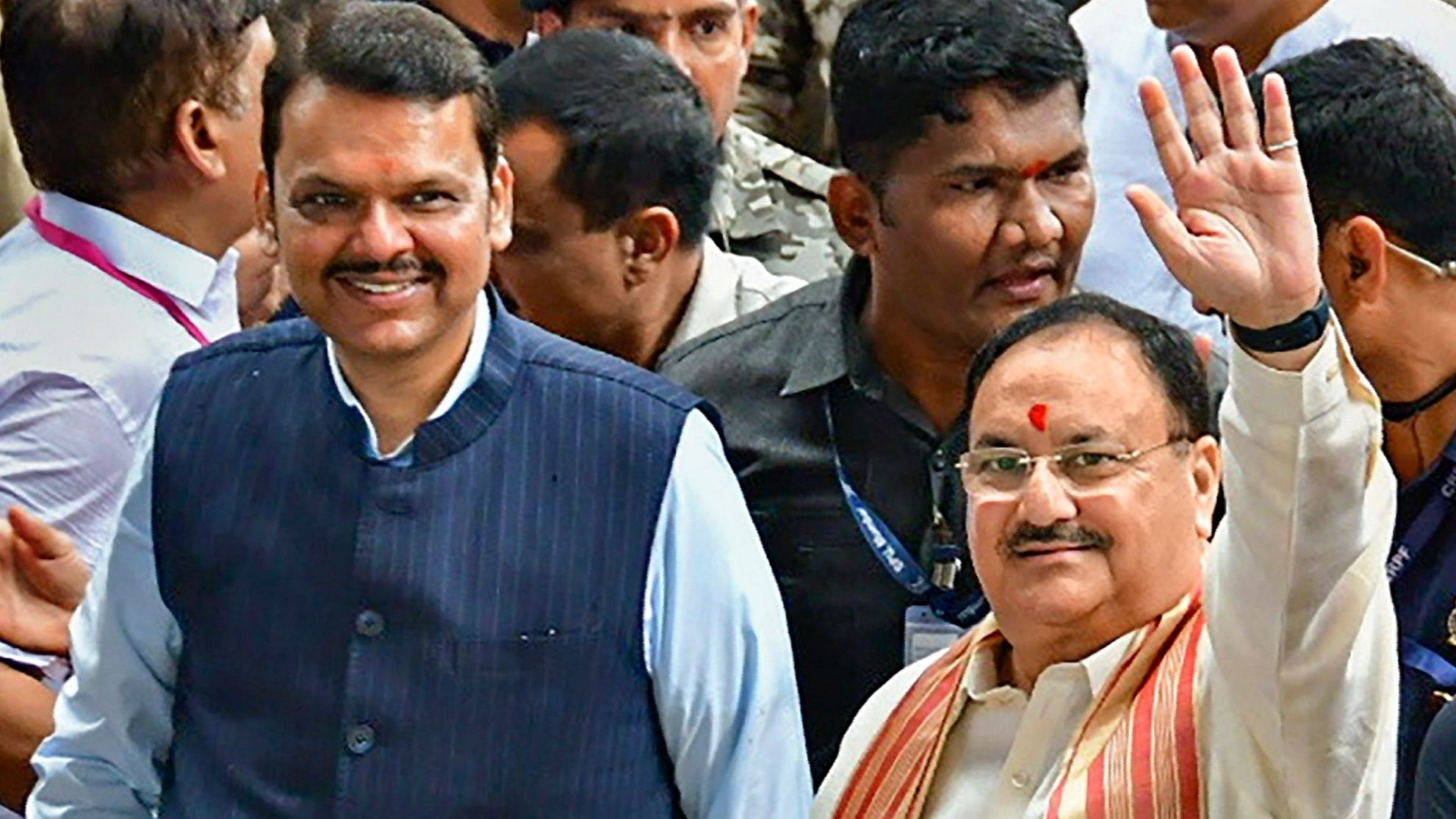 <div class="paragraphs"><p>BJP National President JP Nadda gestures as he arrives to seek blessings of lord Ganesha at Lalbaugcha Raja in Mumbai.</p></div>