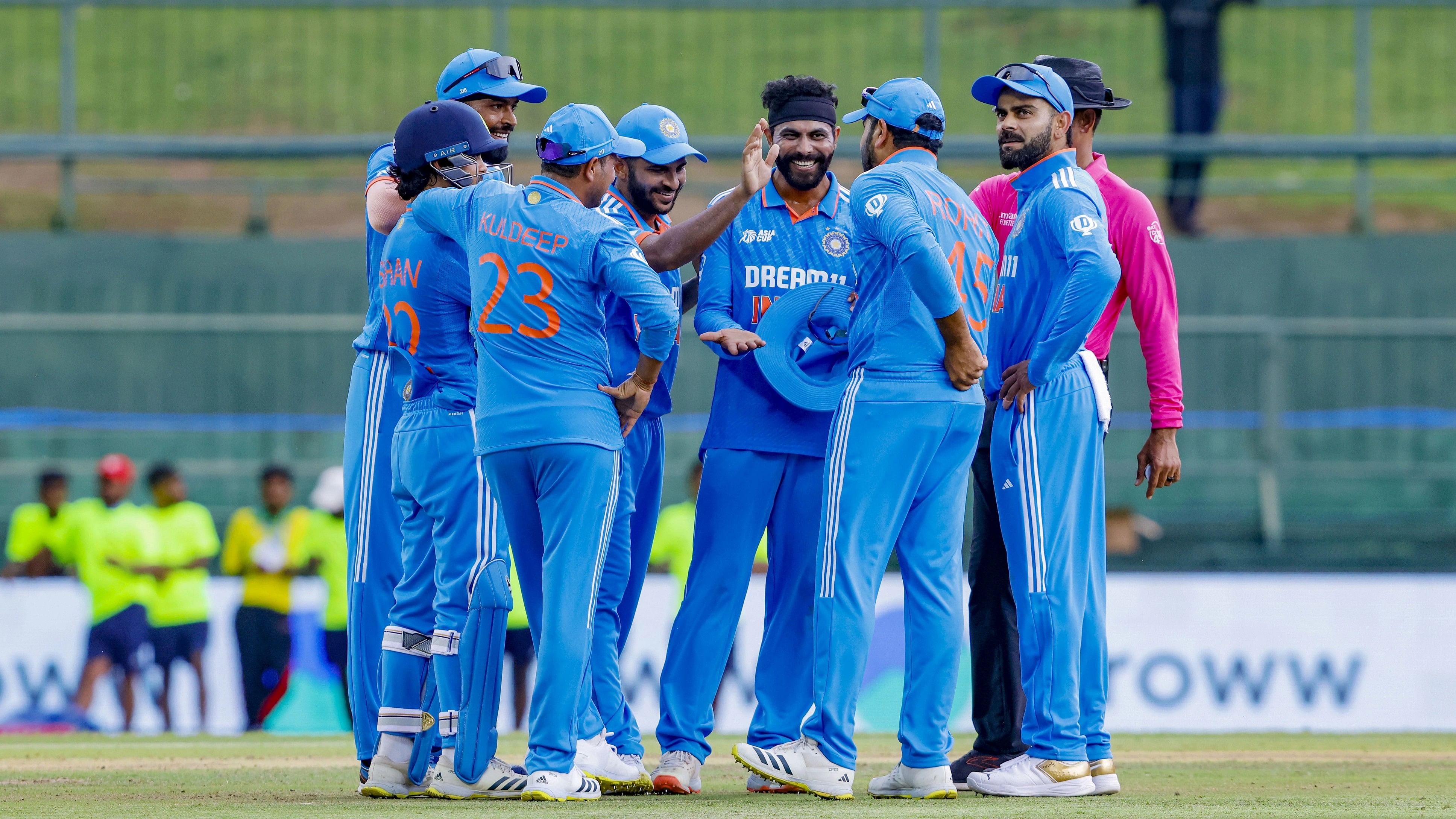 <div class="paragraphs"><p>Indian players celebrate the wicket of Nepal's batter Rohit Kumar Paudel during the Asia Cup match between India and Nepal, at the Pallekele International Cricket Stadium in Sri Lanka, Monday, Sept. 4, 2023.</p></div>