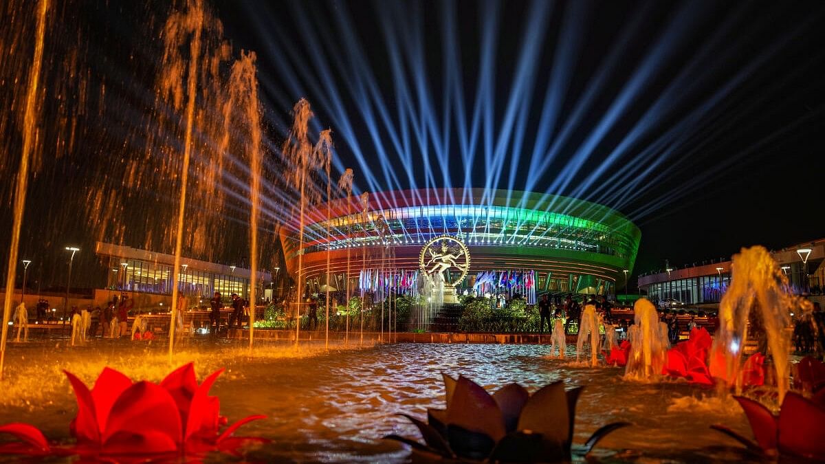 <div class="paragraphs"><p>Bharat Mandapam illuminated with colourful lights after the G20 Summit, in New Delhi, Sunday, Sept. 10, 2023.</p></div>