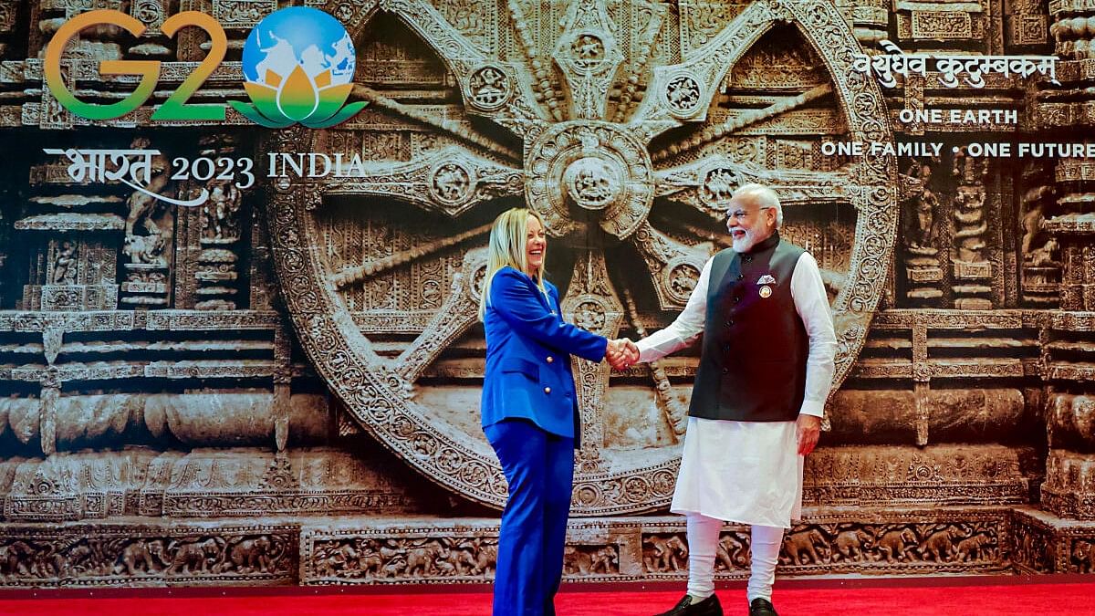 <div class="paragraphs"><p>PM Narendra Modi shares a moment with Italian counterpart&nbsp;Giorgia Meloni upon her arrival at the G20 summit.</p></div>