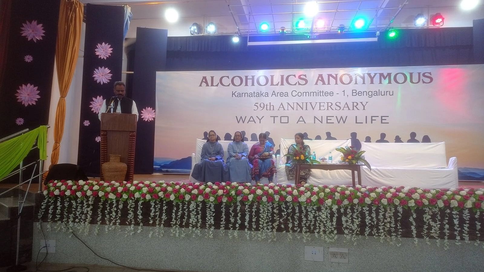 IPS officer Arun Chakravarthy J addresses the audience during the 59th anniversary of Alcoholics Anonymous at Carmel Convent in Jayanagar. 