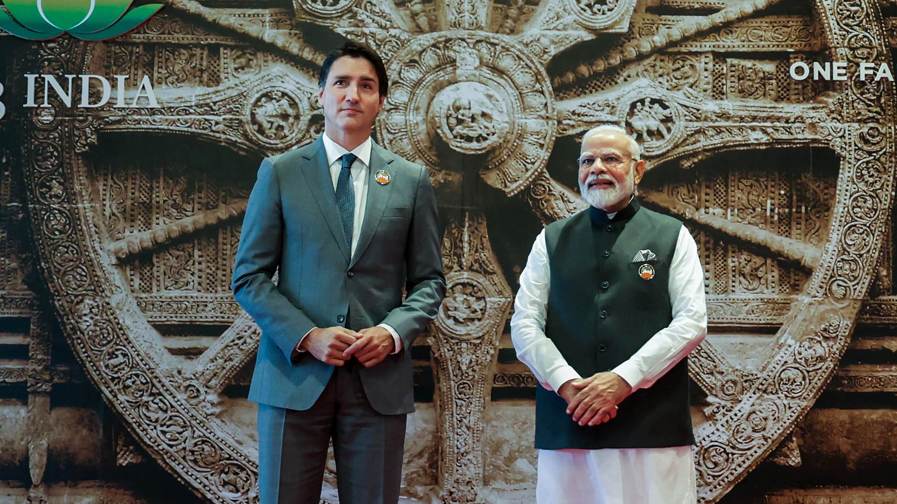 <div class="paragraphs"><p>PM  Narendra Modi welcomes Canada's Prime Minister Justin Trudeau upon his arrival at the Bharat Mandapam for the G20 Summit, in New Delhi.&nbsp;</p></div>