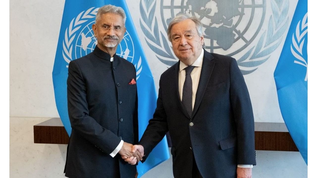 <div class="paragraphs"><p>S Jaishankar with UN Secretary-General Antonio Guterres.</p></div>