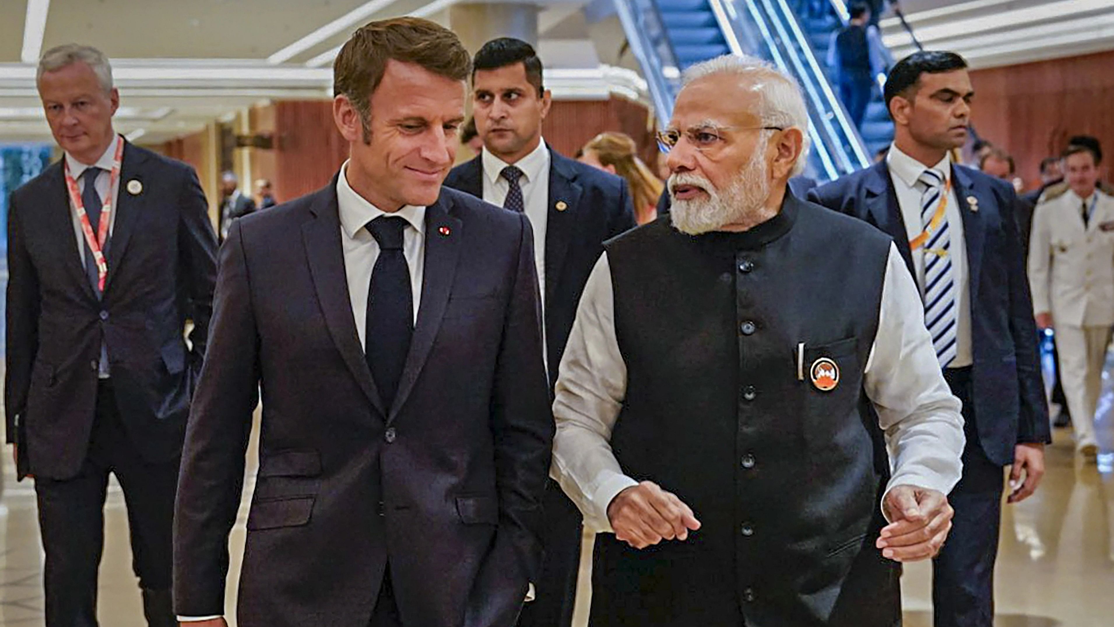 <div class="paragraphs"><p>Prime Minister Narendra Modi with President of France Emmanuel Macron during the G20 Summit 2023, in New Delhi.</p></div>