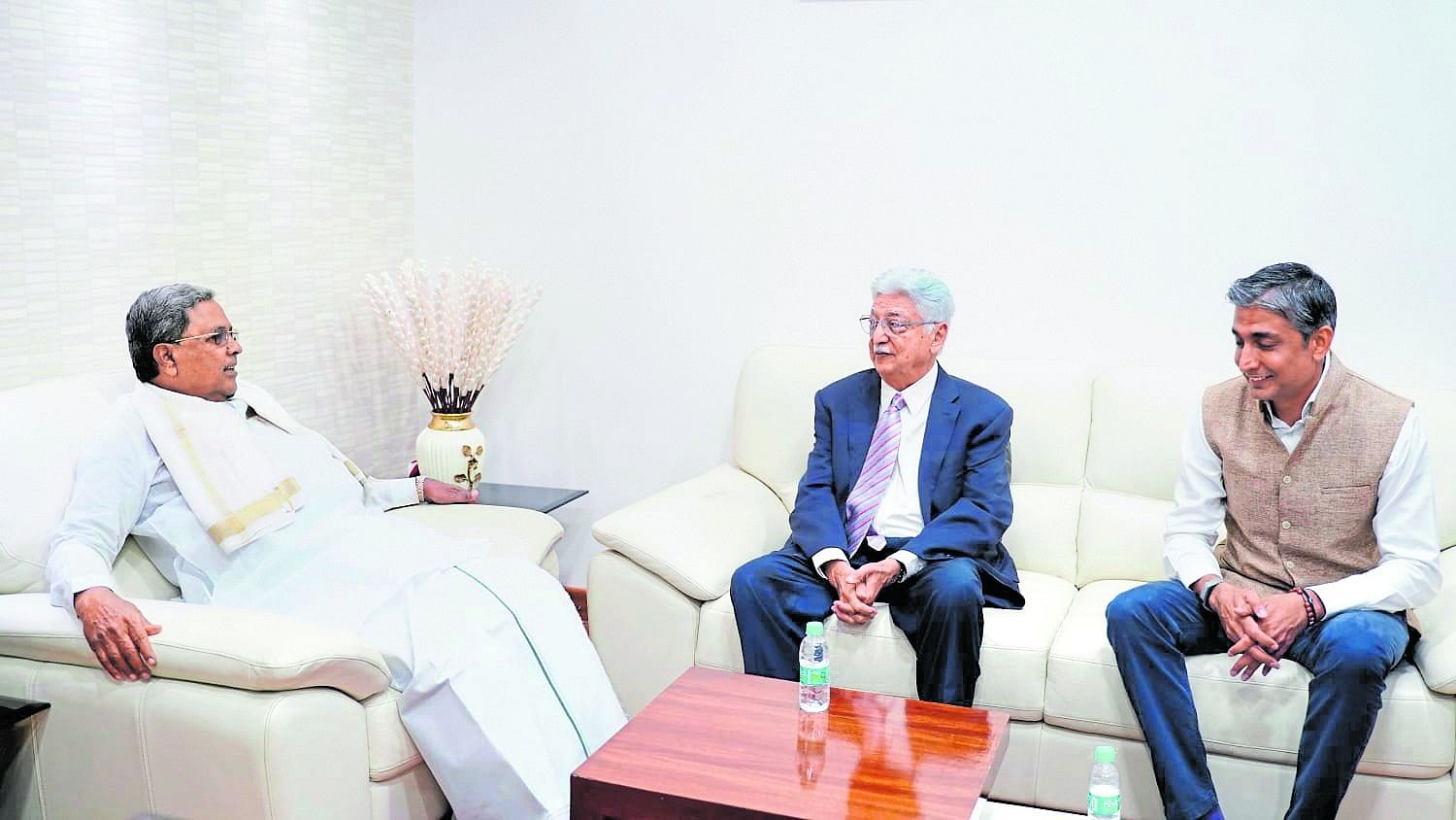 Wipro founder and philanthropist Azim Premji calls on Chief MinisterChief Minister Siddaramaiah in Bengaluru on Friday. Azim Premji’s son Rishad is also seen.