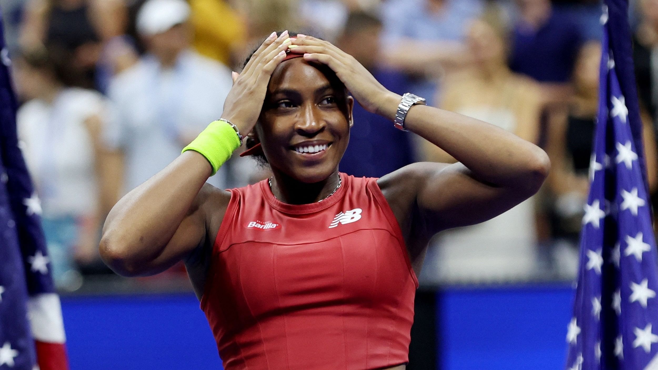 <div class="paragraphs"><p> Coco Gauff of the US celebrates after winning the US Open</p></div>