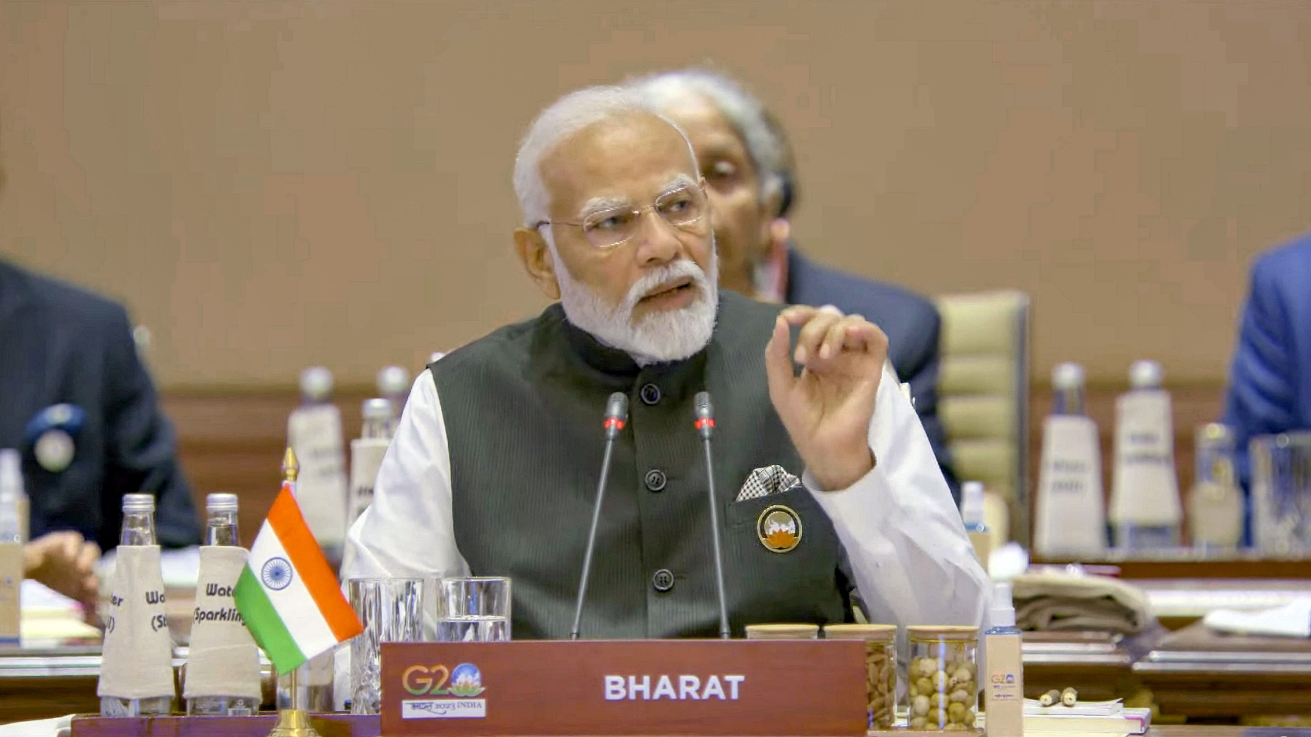 <div class="paragraphs"><p>Prime Minister Narendra Modi addresses the session-1 on 'One Earth' during the G20 Summit 2023 at the Bharat Mandapam convention center for, in New Delhi.</p></div>