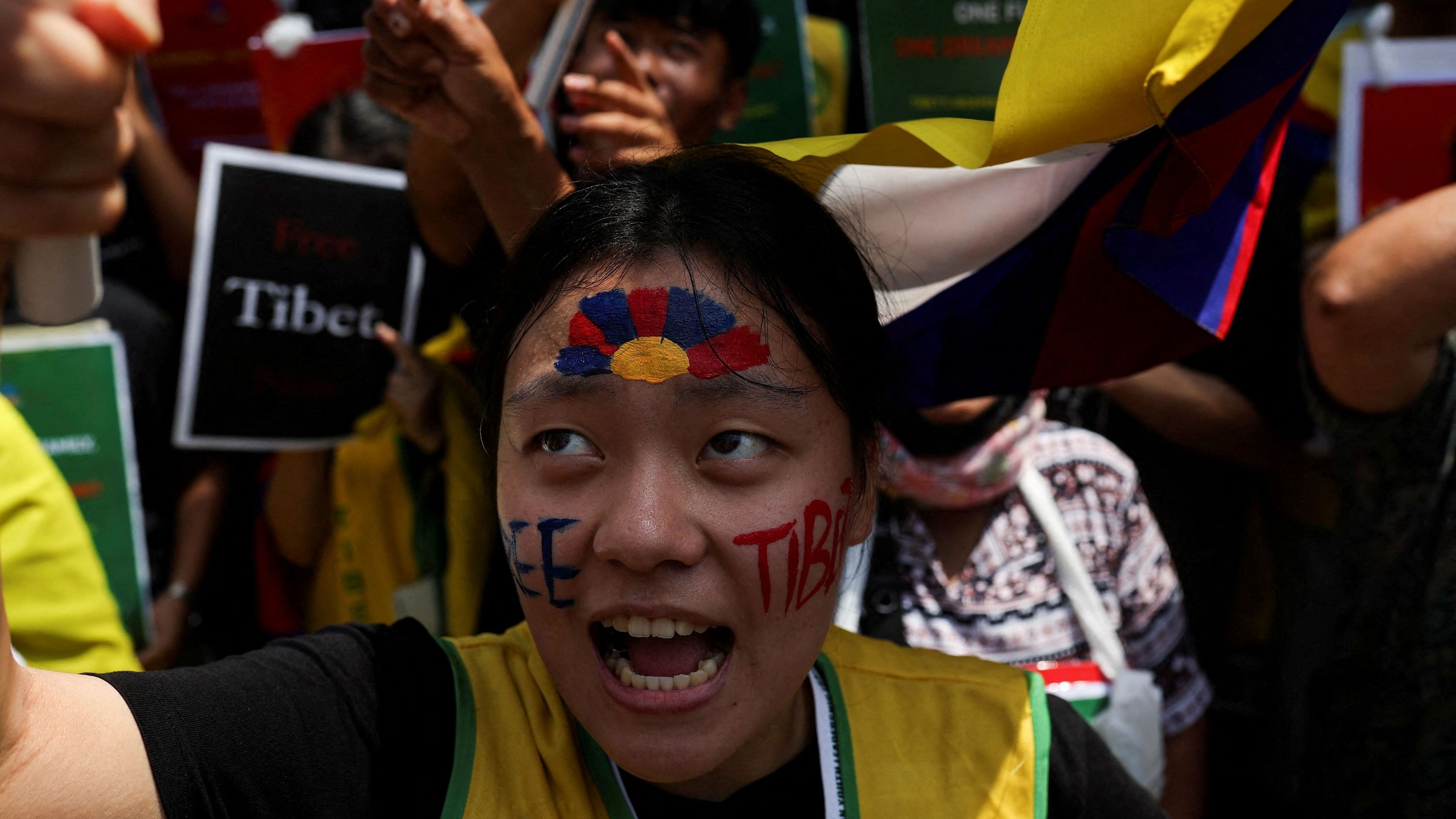 <div class="paragraphs"><p>A member of the Tibetan community protests against the Chinese government at their refugee colony in Majnu ka Tilla ahead of the G20 summit in New Delhi, India, September 8, 2023. </p></div>