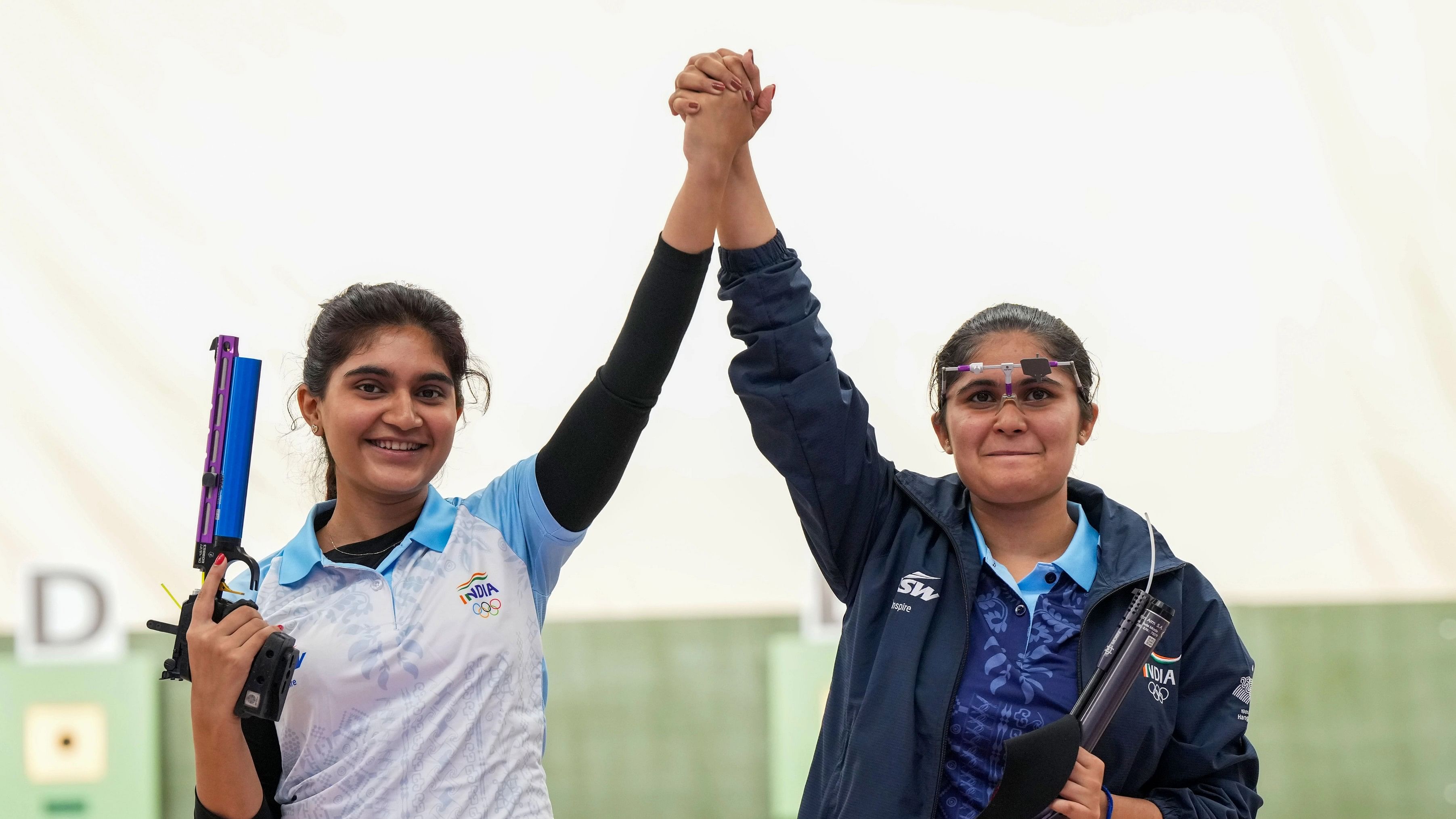 <div class="paragraphs"><p>Gold medal winner Indian shooter Palak celebrates with silver medallist compatriot Esha Singh (L) after finals of women's 10m air pistol (individual) event at the 19th Asian Games.</p></div>