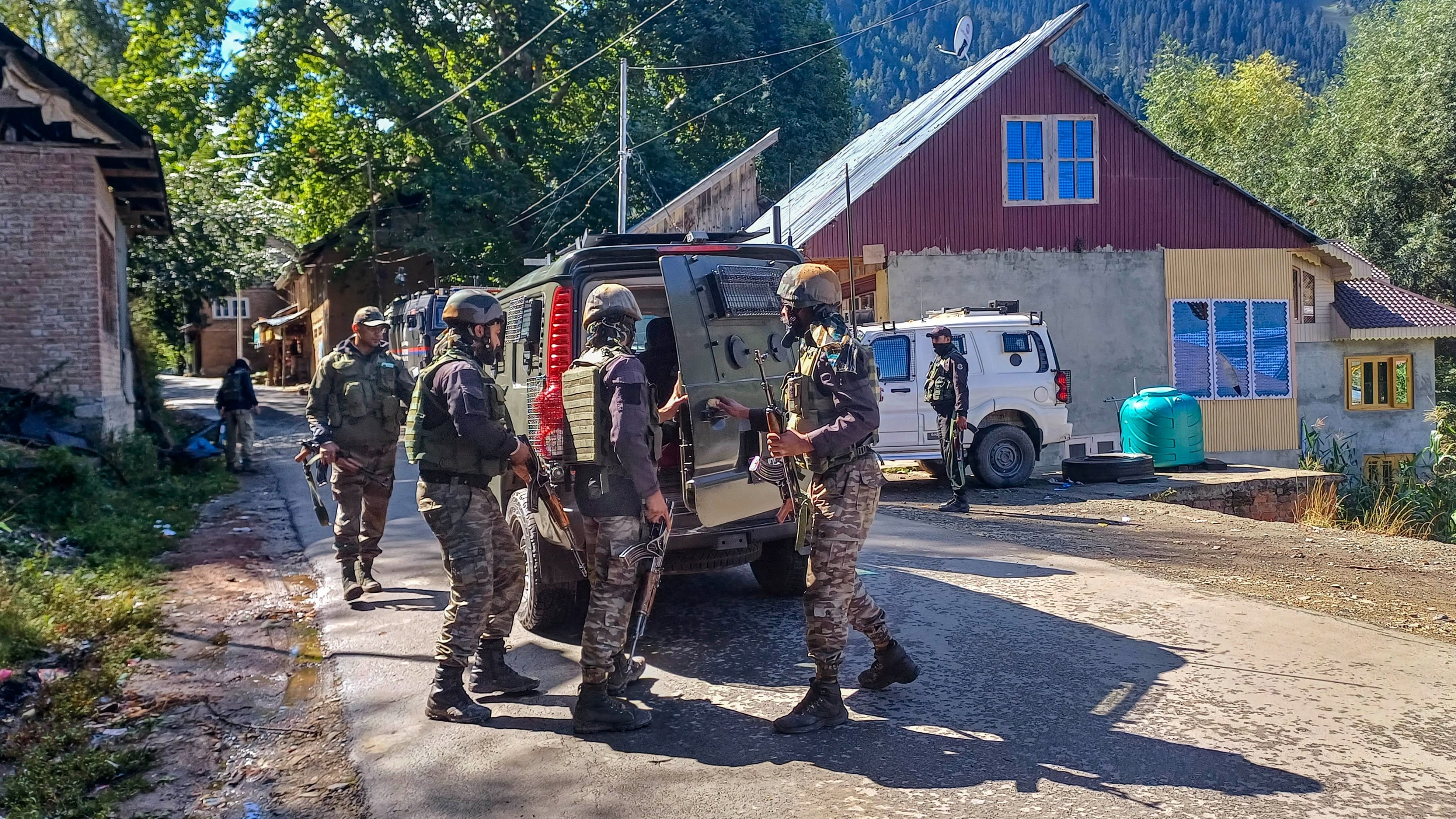 <div class="paragraphs"><p>Security personnel during a search operation at Kokernag area, in Anantnag district, Tuesday, Sept. 19, 2023.</p></div>
