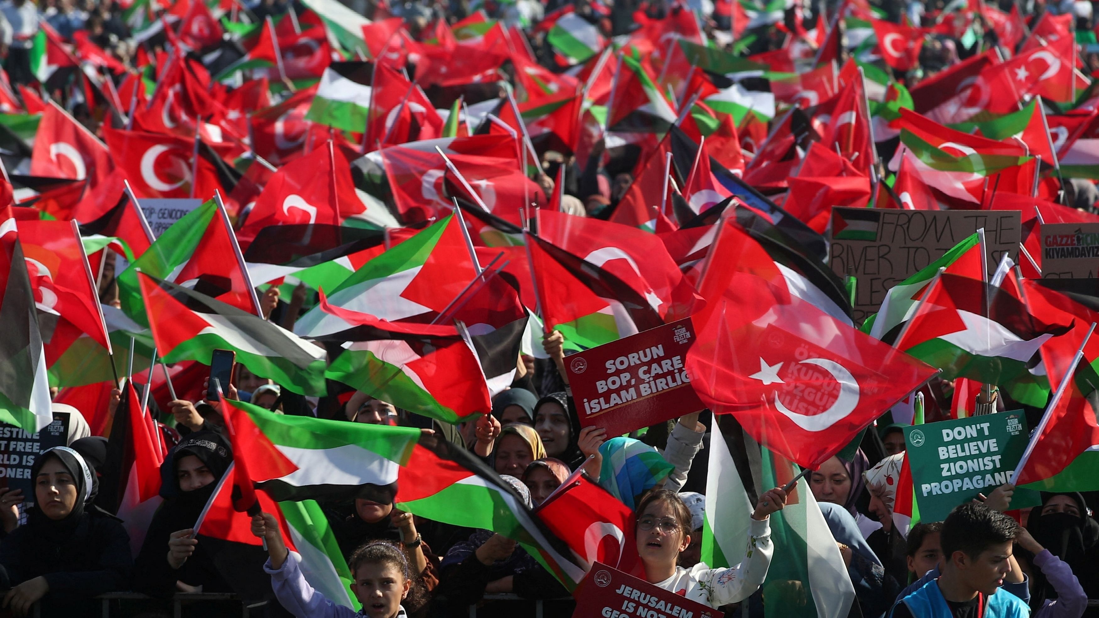 <div class="paragraphs"><p>Demonstrators wave Turkish and Palestinian flags during a rally in solidarity with Palestinians, amid the ongoing conflict between Israel and the Palestinian Islamist group Hamas, in Istanbul, Turkey.</p></div>