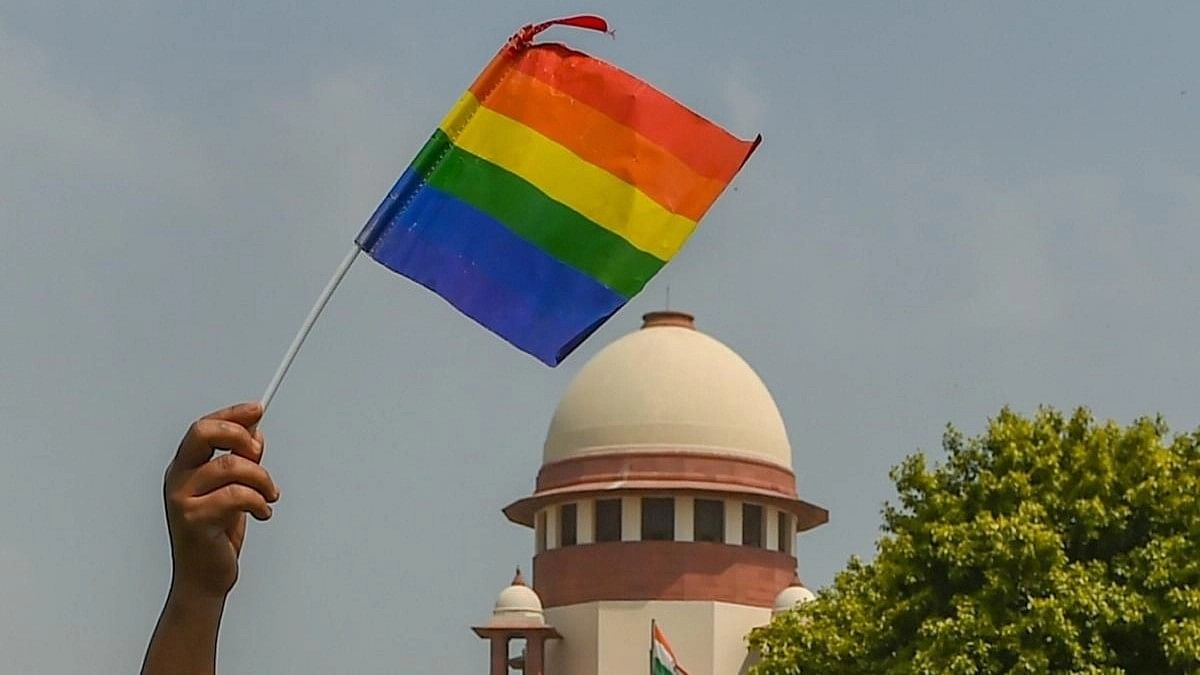<div class="paragraphs"><p>An activist waves a rainbow flag (LGBT pride flag) in front of the Supreme Court.</p></div>