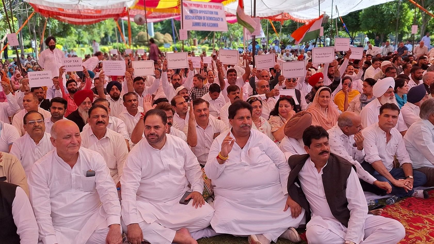 <div class="paragraphs"><p>An all-party protest against the BJP-led Centre at the Maharaja Hari Singh Park in Jammu on Tuesday.&nbsp;</p></div>