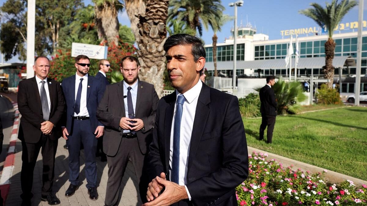 <div class="paragraphs"><p>British PM Rishi Sunak speaks to the media after landing at Ben Gurion international airport in Lod, Near Tel Aviv.&nbsp;</p></div>