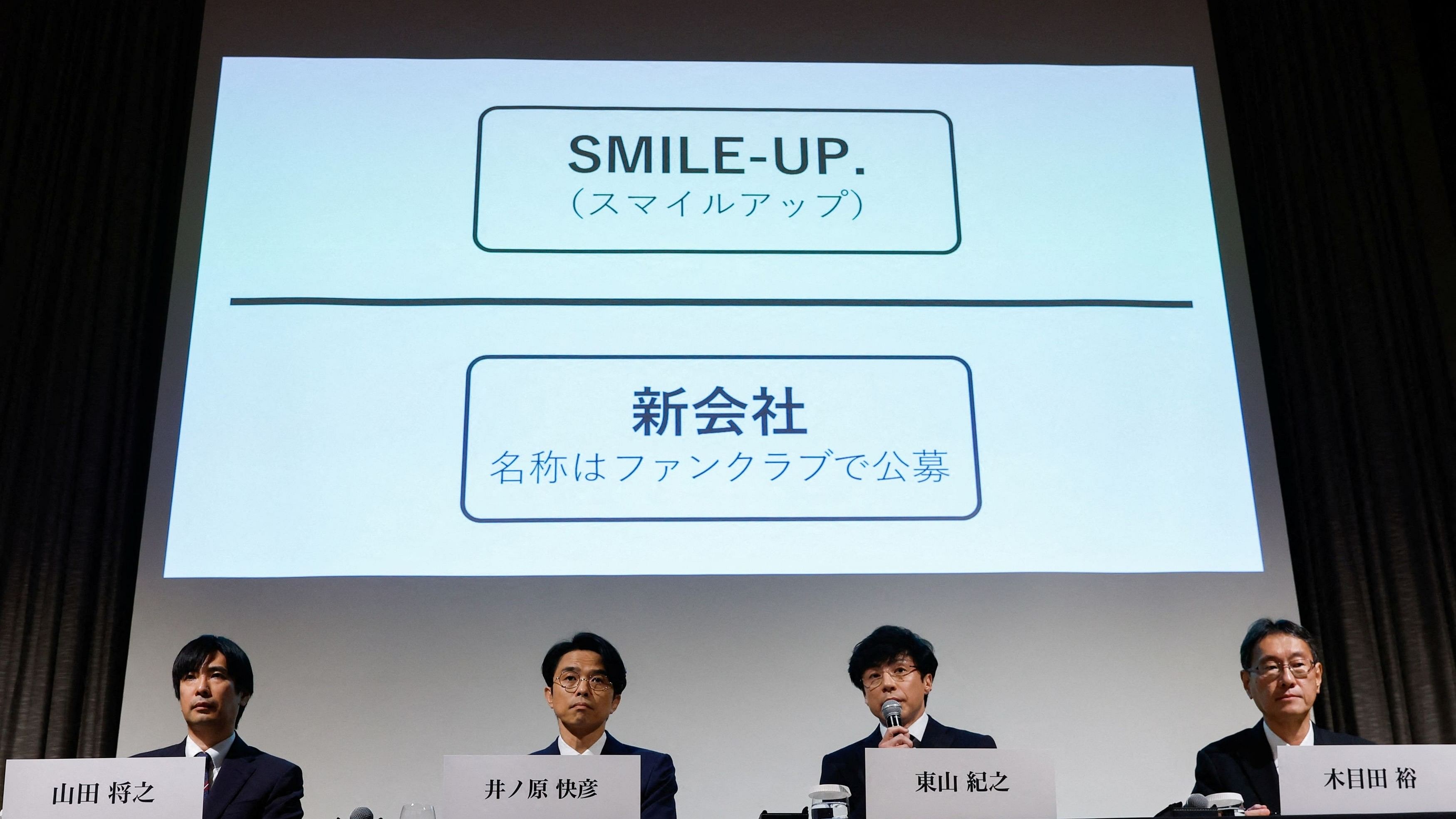 <div class="paragraphs"><p>Japan's talent agency Johnny &amp; Associates Chief Noriyuki Higashiyama, flanked by CEO of Johnny's Island Yoshihiko Inohara, chief compliance officer Masayuki Yamada and their lawyer Hiroshi Kimeda unveils the new company name SMILE-UP during a news conference in Tokyo, Japan, October 2, 2023.</p></div>