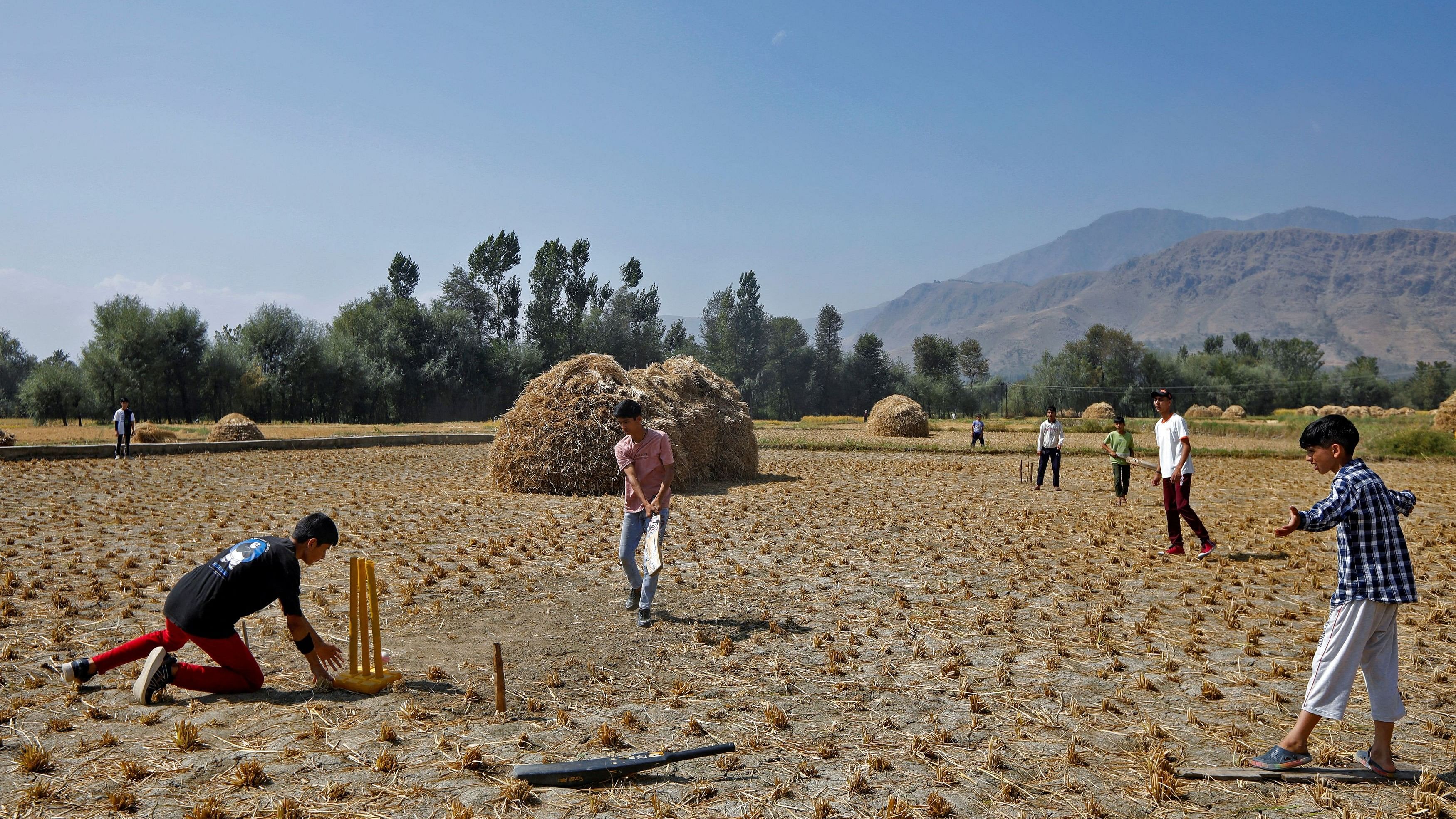 <div class="paragraphs"><p>Children play cricket in a rice field in Tral town in south Kashmir's Pulwama district October 1, 2023.</p></div>