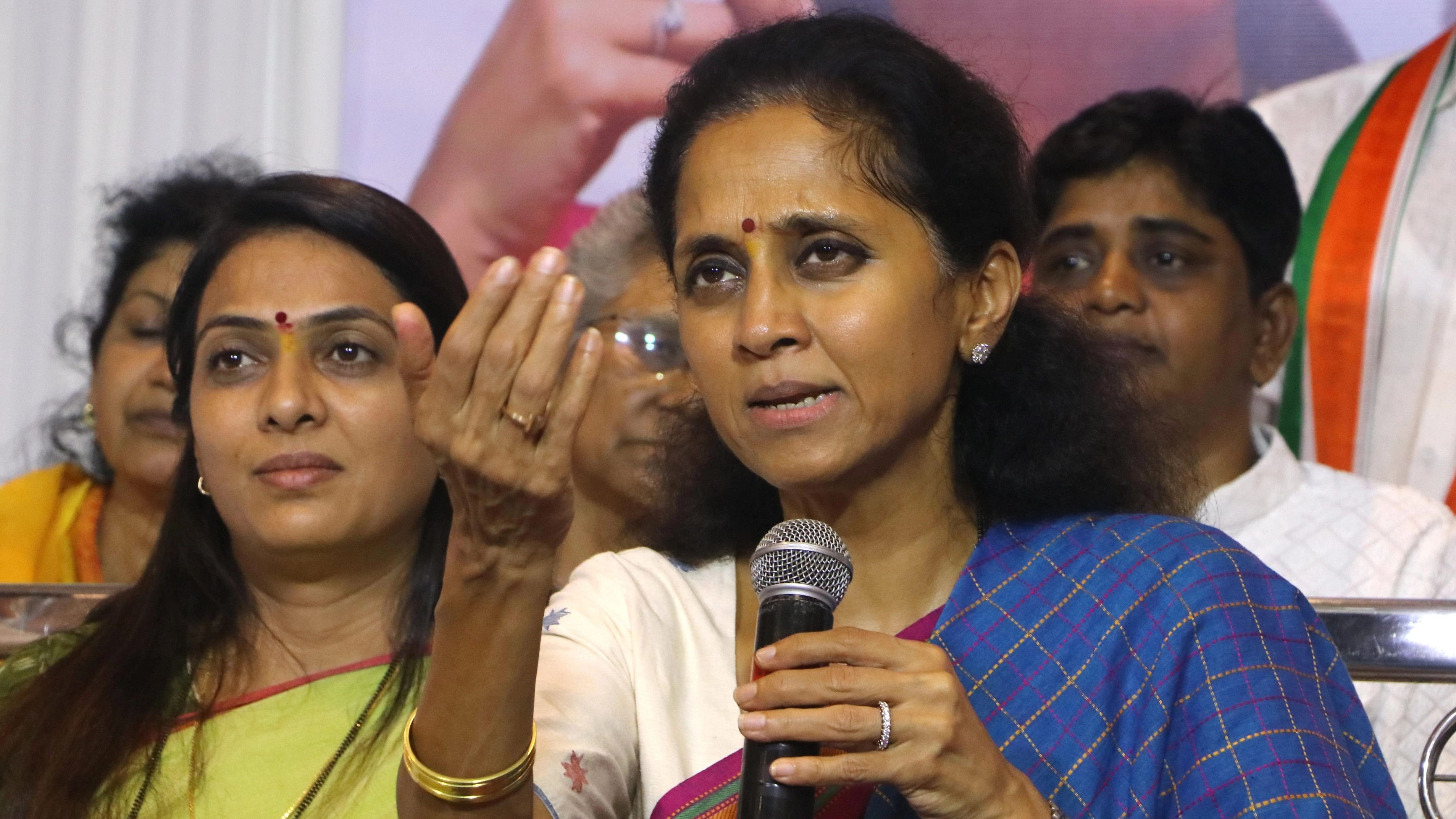 <div class="paragraphs"><p>NCP MP Supriya Sule with party leader Rohini Khadse addresses a press conference in Nagpur, Sunday, Oct. 1, 2023.</p></div>