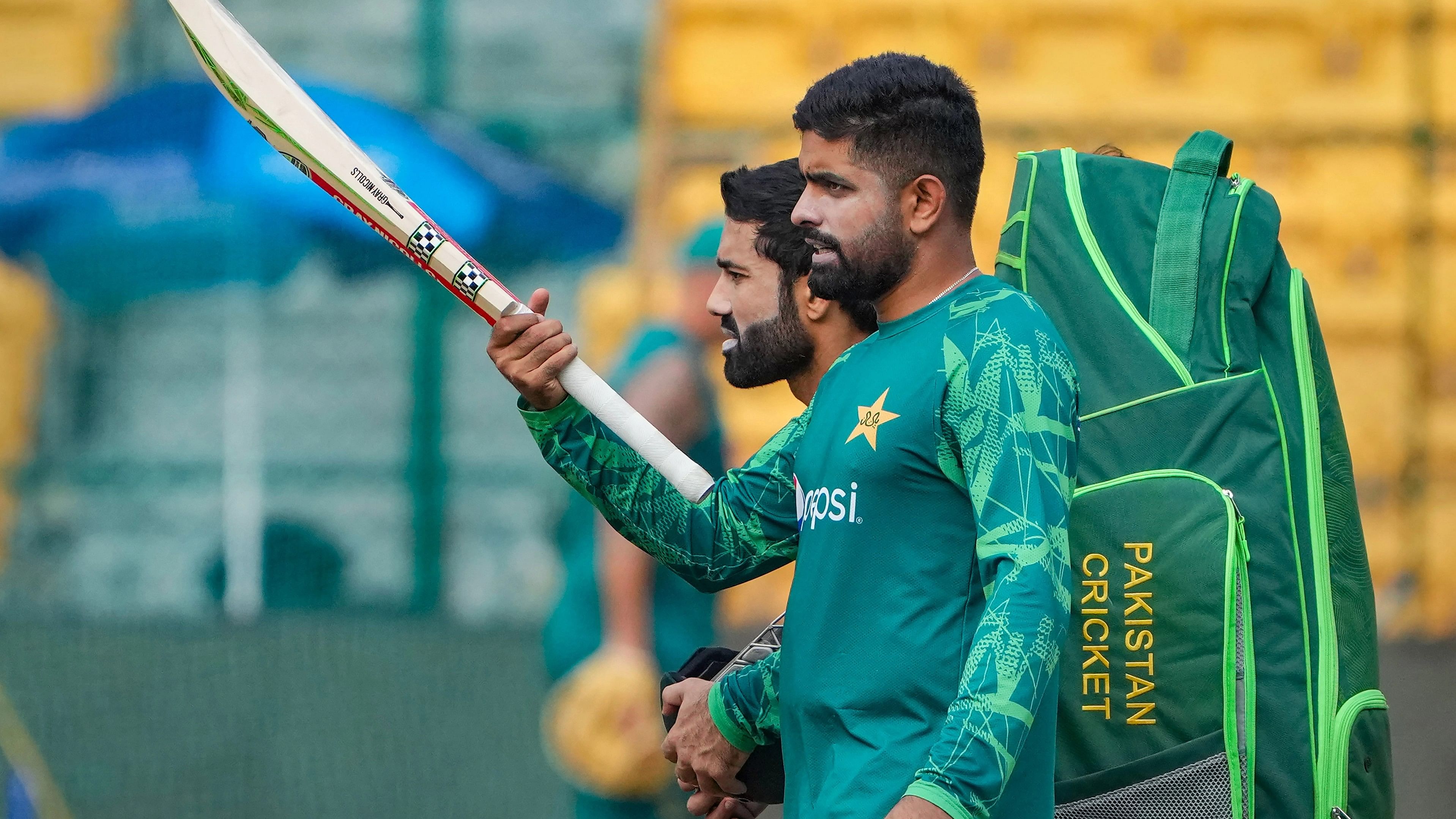 <div class="paragraphs"><p>Pakistan's captain Babar Azam and teammate Muhammad Rizwan during a practice session at&nbsp;the ICC Men's Cricket.</p></div>