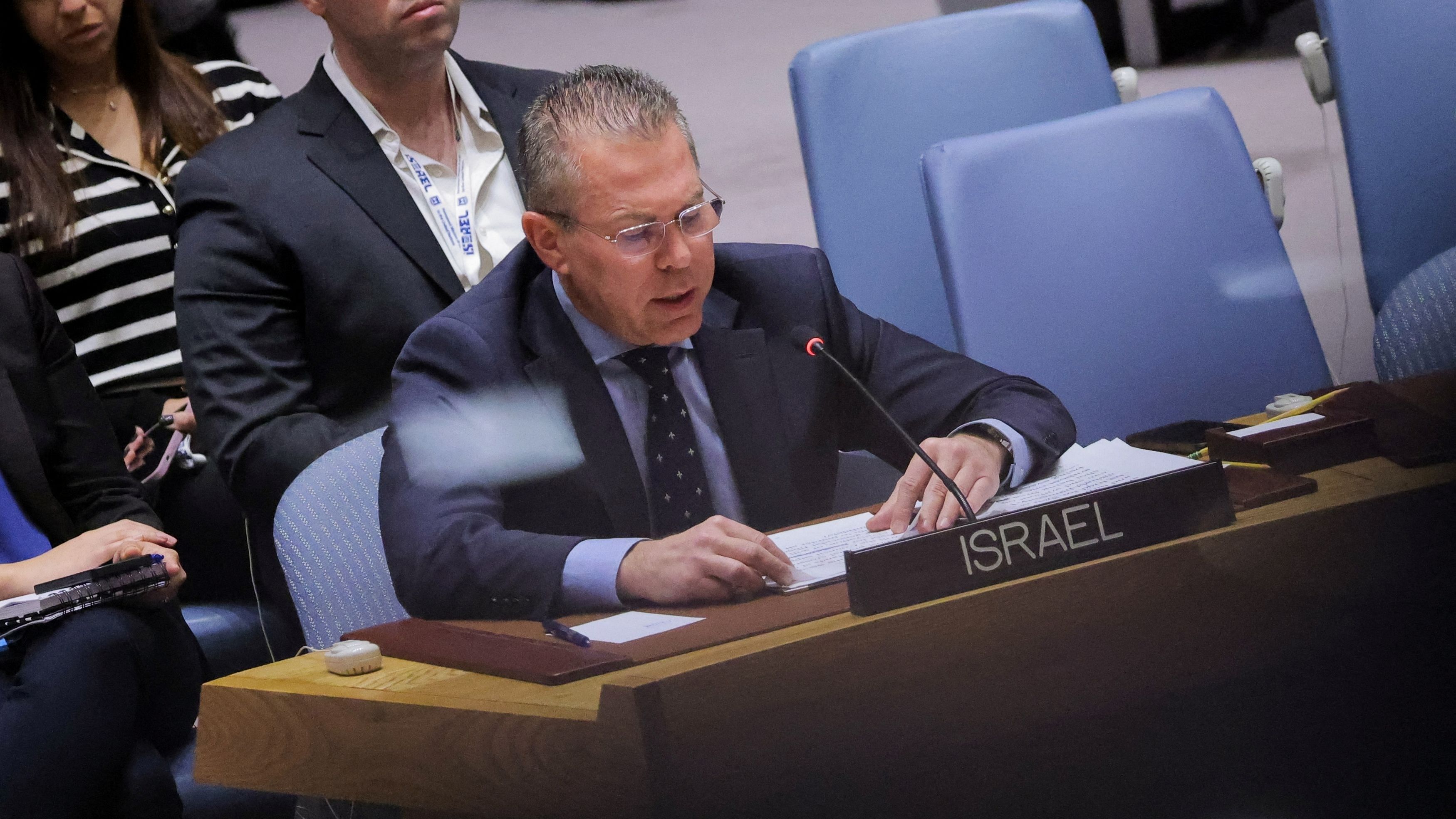 <div class="paragraphs"><p>Israel's Ambassador to the UN Gilad Erdan addresses the Security Council following the voting process during a meeting of the United Nations Security Council on the conflict between Israel and Hamas at UN headquarters in New York, US, October 16, 2023. </p></div>