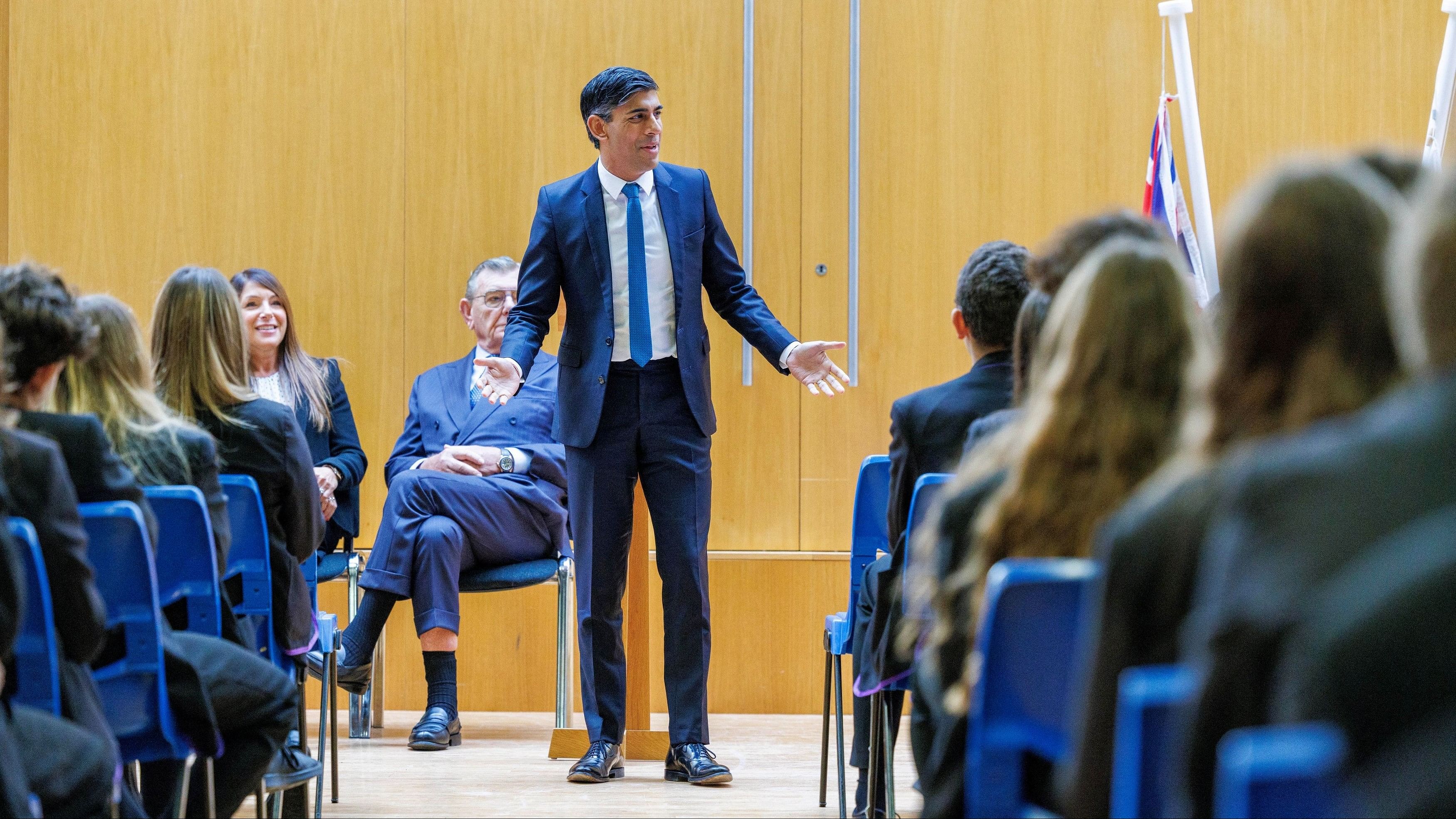 <div class="paragraphs"><p>British Prime Minister Rishi Sunak addresses students during a visit to a Jewish school in London, Britain October 16, 2023. </p></div>