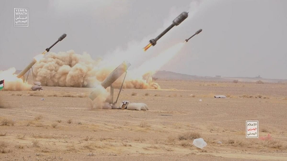 <div class="paragraphs"><p>Projectiles are being launched during a military manoeuvre near Sanaa, Yemen.</p></div>