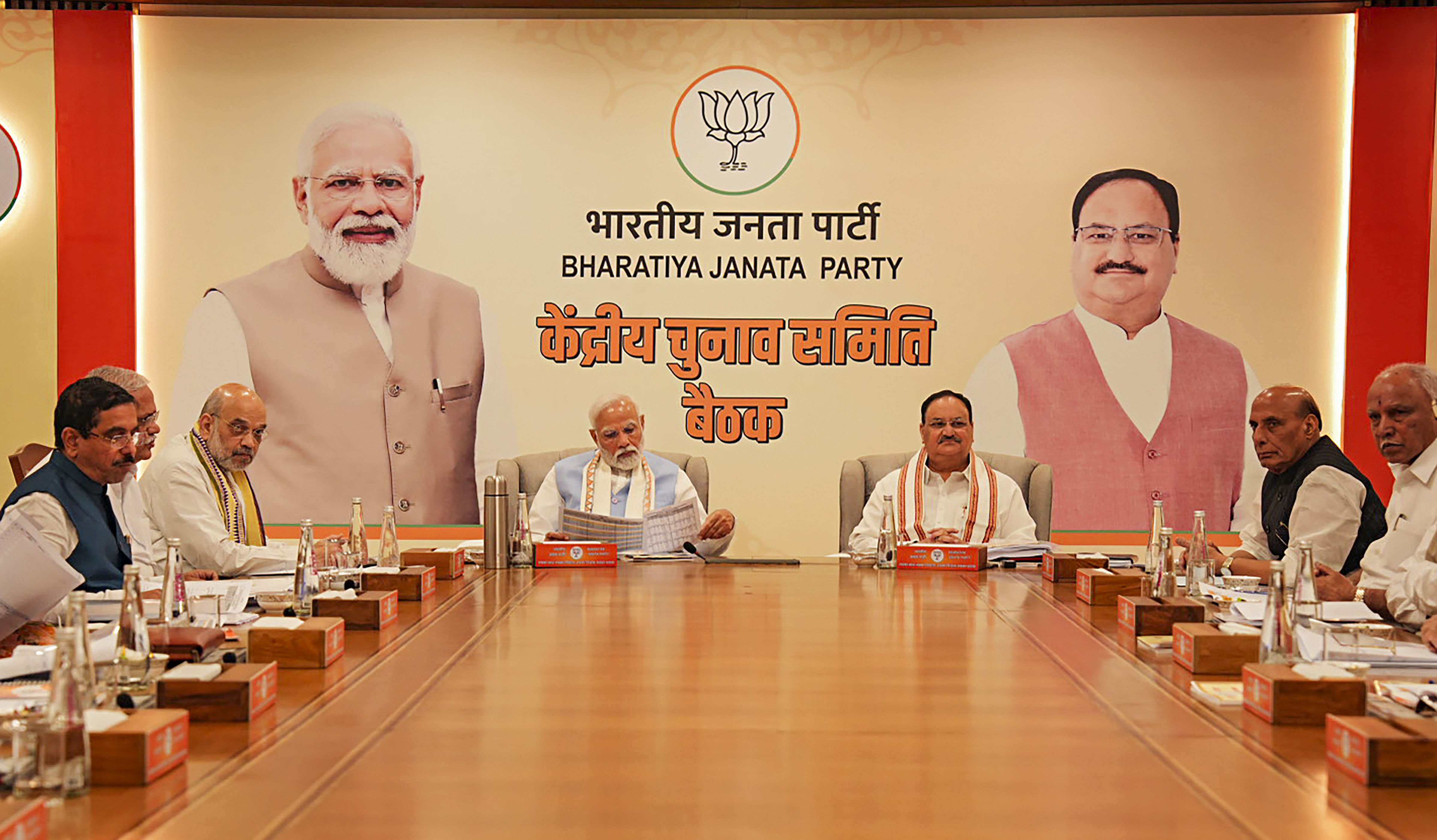 <div class="paragraphs"><p>Prime Minister Narendra Modi with BJP National President J.P. Nadda, Union Home Minister Amit Shah, Defence Minister Rajnath Singh, Union Minister Pralhad Joshi and senior BJP leader B.S. Yediyurappa during the BJP's Central Election Committee meeting at BJP headquarters, in New Delhi.</p></div>