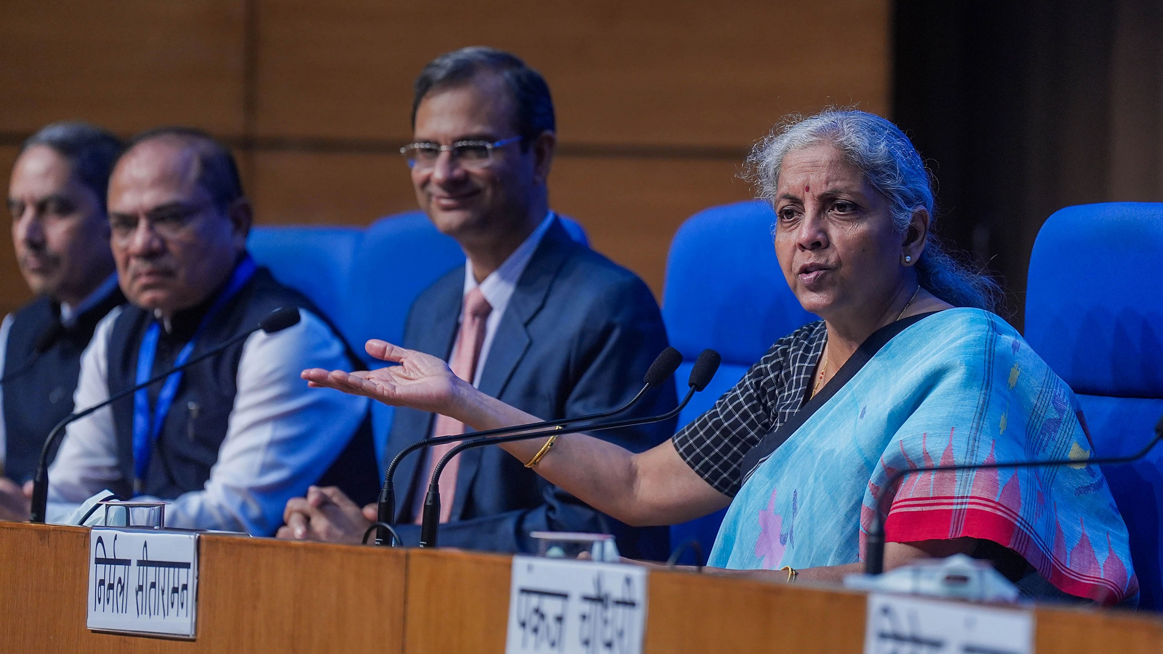 <div class="paragraphs"><p>New Delhi: Finance Minister Nirmala Sitharaman with Revenue Secretary Sanjay Malhotra and others during a media briefing regarding the outcome of the 52nd Goods and Services Tax (GST) Council Meeting.</p></div>