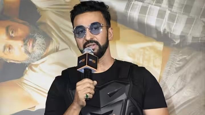 <div class="paragraphs"><p>Raj Kundra speaks at the trailer launch of <em>UT69</em>.</p></div>