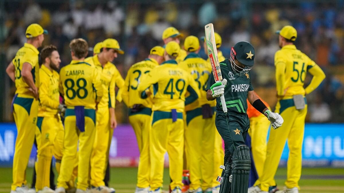 <div class="paragraphs"><p>Pakistan's captain Babar Azam leaves after being dismissed by Australia's Adam Zampa during the ICC Men's Cricket World Cup 2023 match between Pakistan and Australia at M. Chinnaswamy Stadium, in Bengaluru.</p></div>