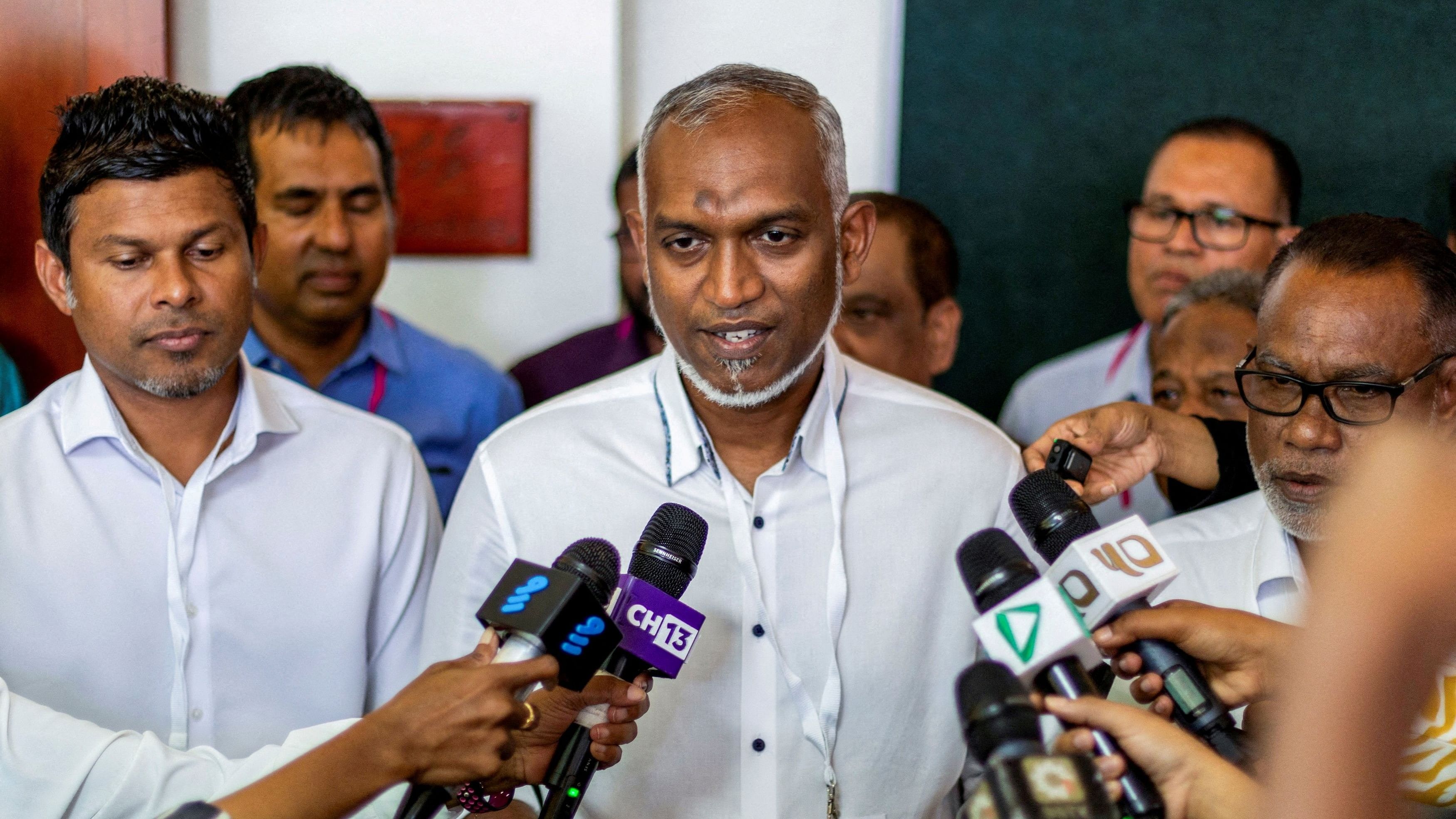 <div class="paragraphs"><p> Mohamed Muizzu, Maldives president-elect, speaks with the media during the second round of the presidential election in Male, Maldives when he was a presidential candidate, September 30, 2023. </p></div>