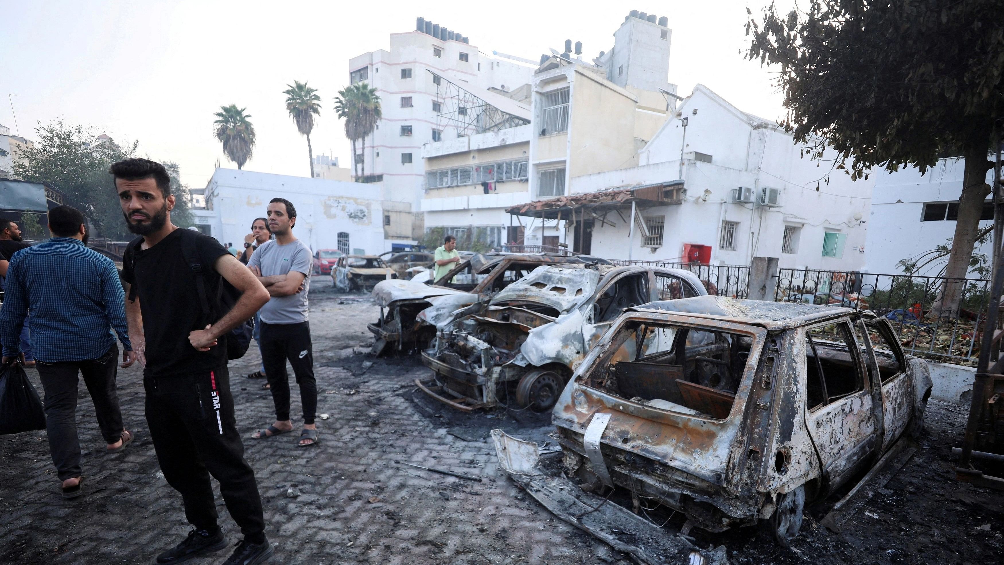 <div class="paragraphs"><p>Al-Ahli hospital where hundreds of Palestinians were killed in a blast that Israeli and Palestinian officials blamed on each other, and where Palestinians who fled their homes were sheltering amid the ongoing conflict with Israel,  in Gaza City.</p></div>