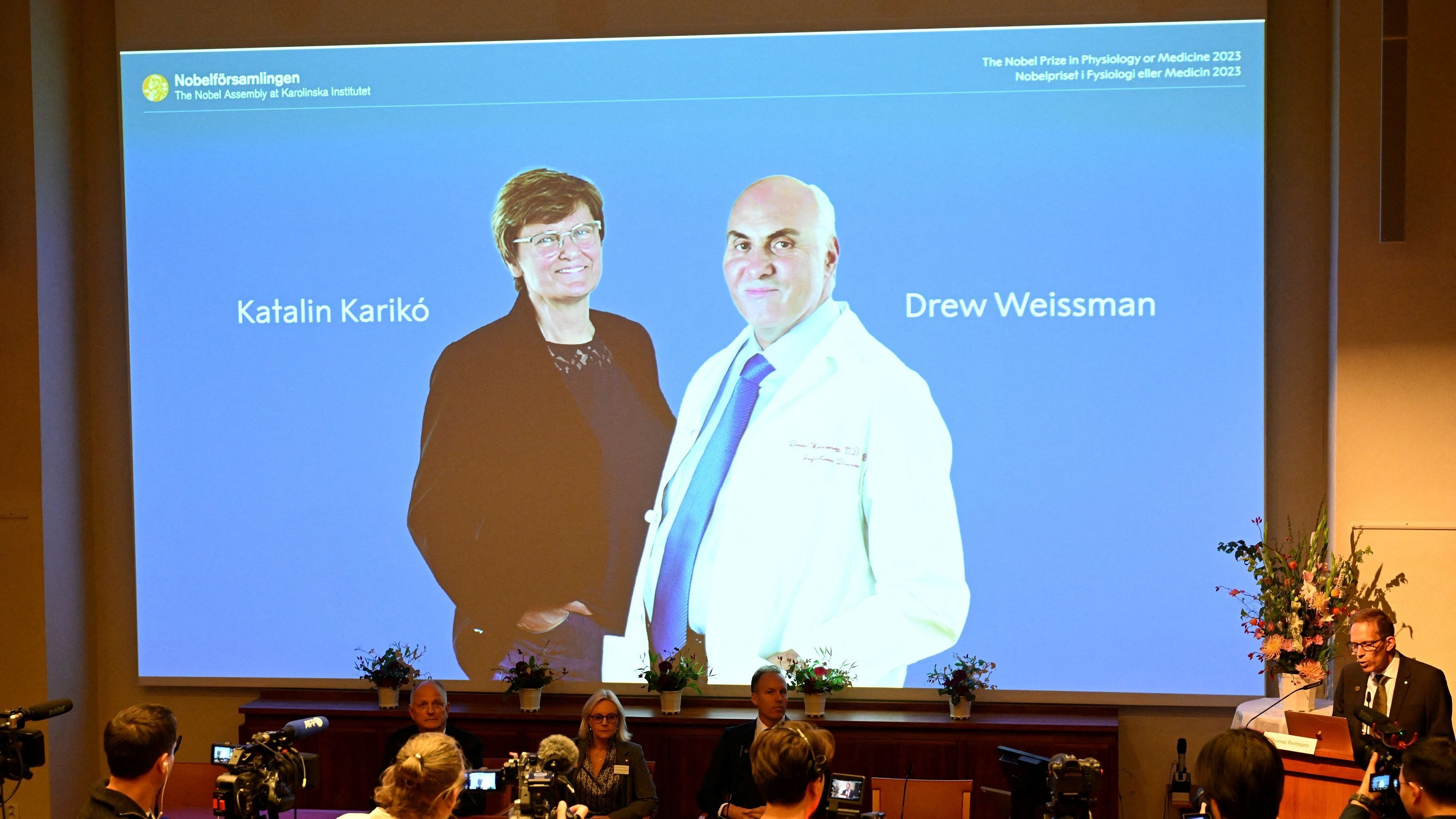 <div class="paragraphs"><p>Katalin Kariko and Drew Weissman win the 2023 Nobel Prize in Physiology or Medicine at the Karolinska Institute in Stockholm, Sweden October 2, 2023. </p></div>