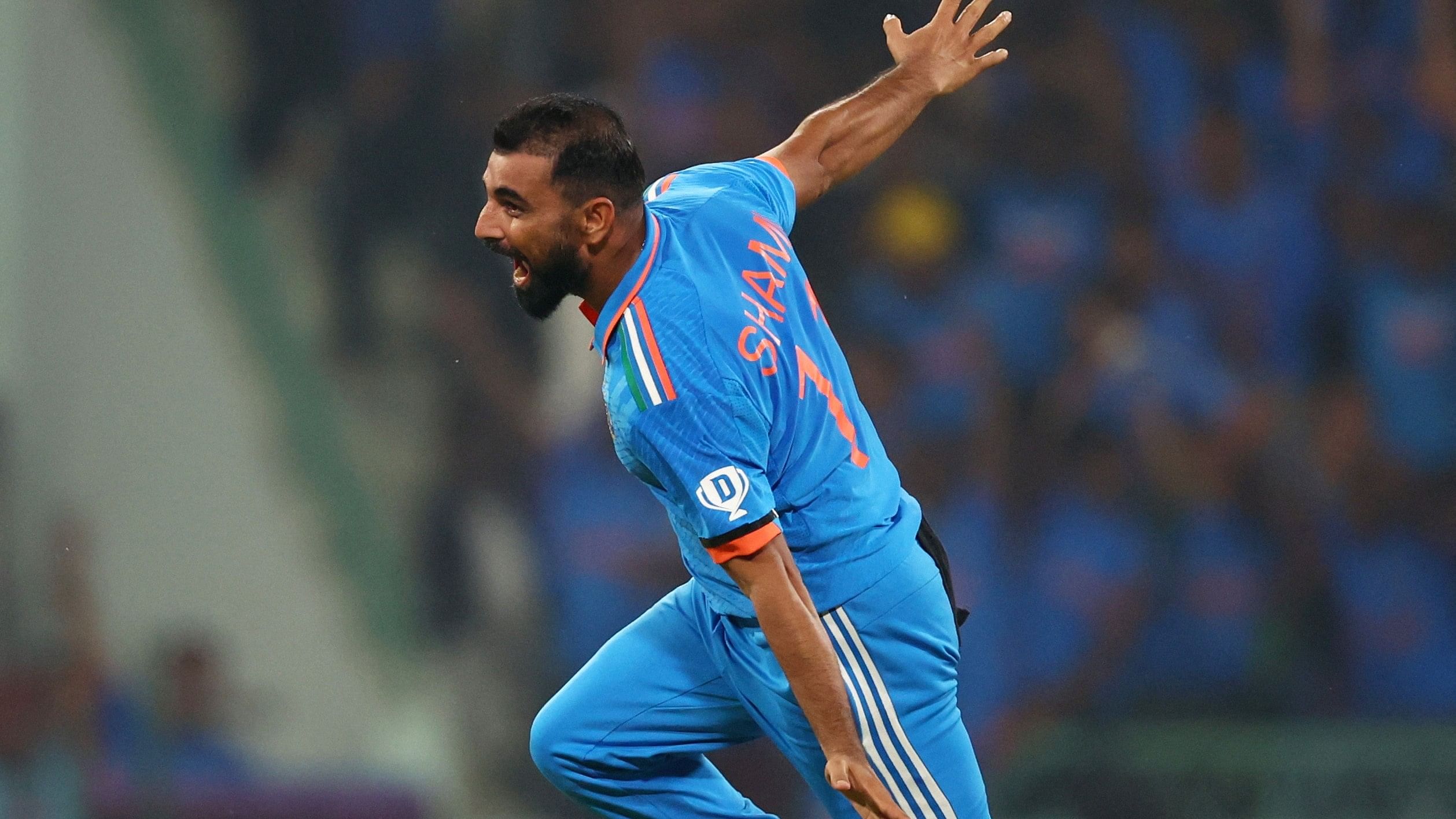 <div class="paragraphs"><p> Mohammed Shami celebrates at the&nbsp;Bharat Ratna Shri Atal Bihari Vajpayee Ekana Cricket Stadium, Lucknow. The pacer who hails from Uttar Pradesh finished with superb figures of 4/22 against England.&nbsp;</p></div>