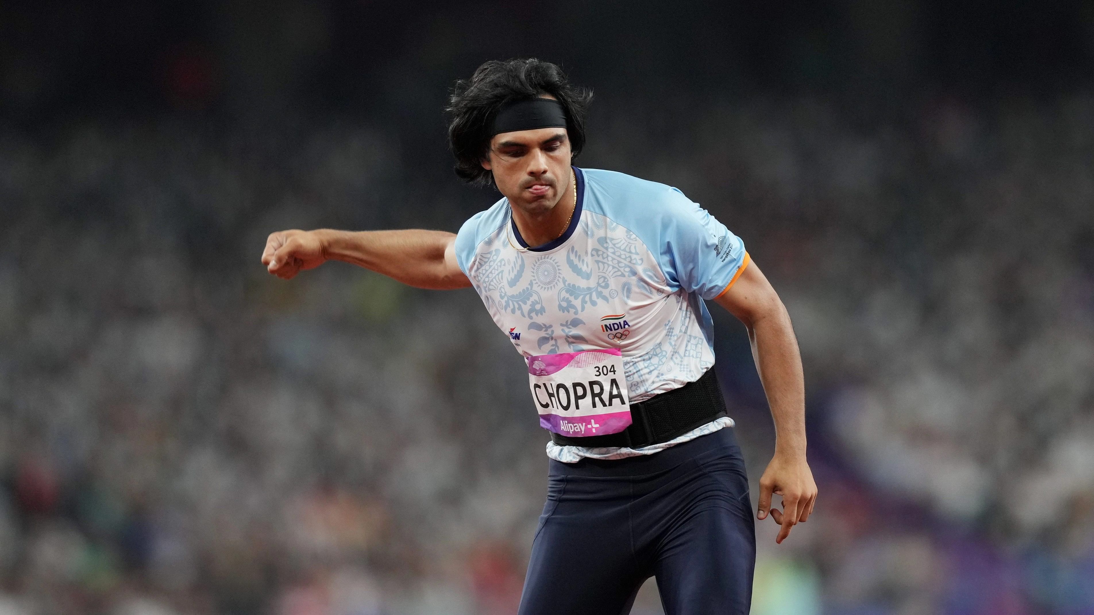 <div class="paragraphs"><p>India's Neeraj Chopra celebrates after winning the Gold medal in the Men's Javelin Throw Final event at the 19th Asian Games, in Hangzhou, China, Wednesday, Oct. 4, 2023.   </p></div>
