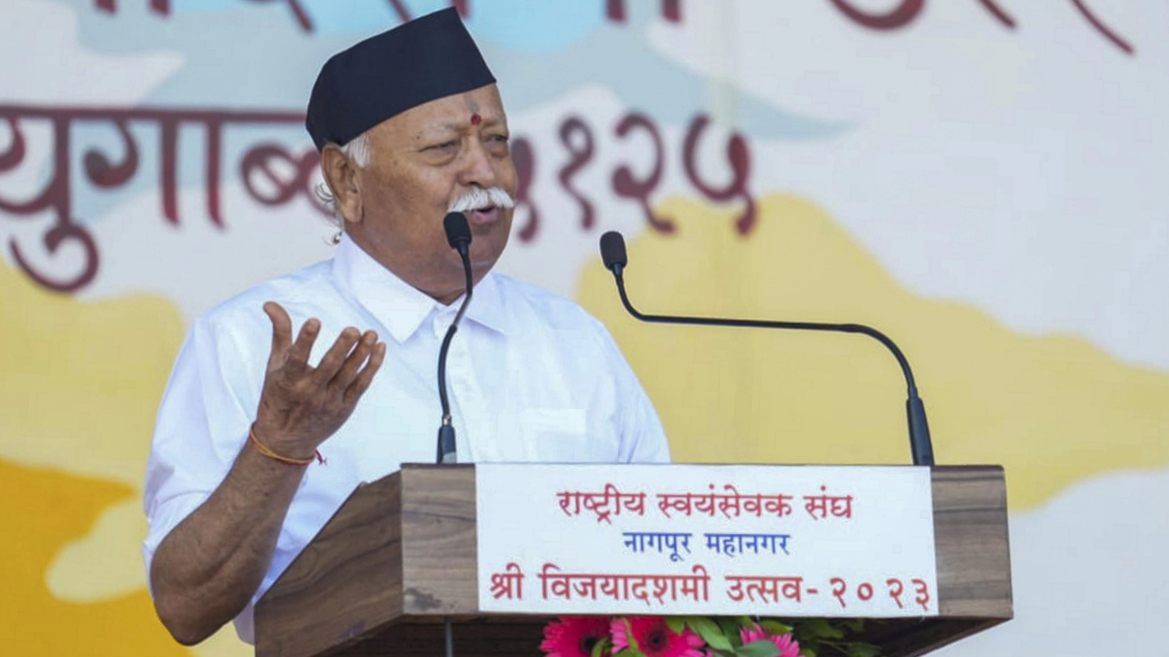 <div class="paragraphs"><p>Rashtriya Swayamsevak Sangh (RSS) chief Mohan Bhagwat addresses RSS' 'Vijayadashmi Utsav', in Nagpur.  </p></div>