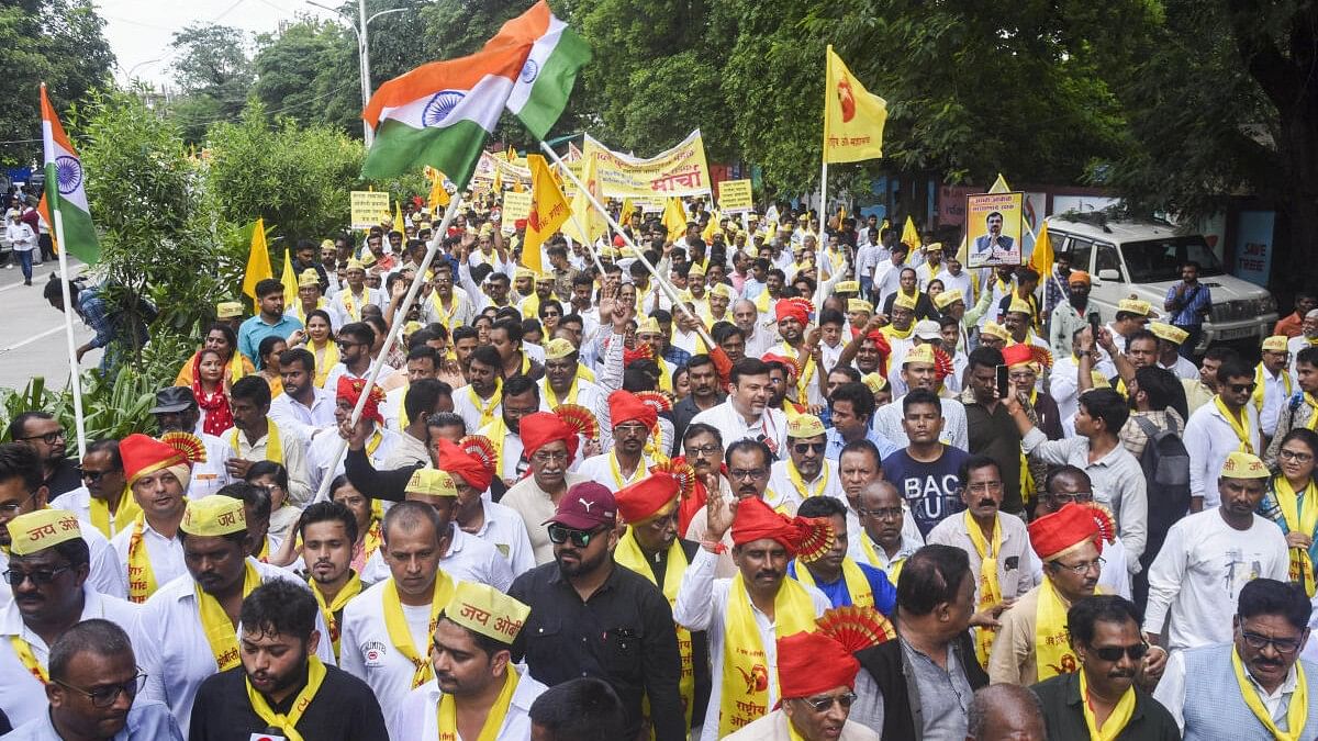 <div class="paragraphs"><p>All Party OBC Community and Kunbi Samaj Agitation Committee members during a road march (Morcha) demanding Maratha reservation, in Nagpur, Monday, Sept. 18, 2023.</p></div>