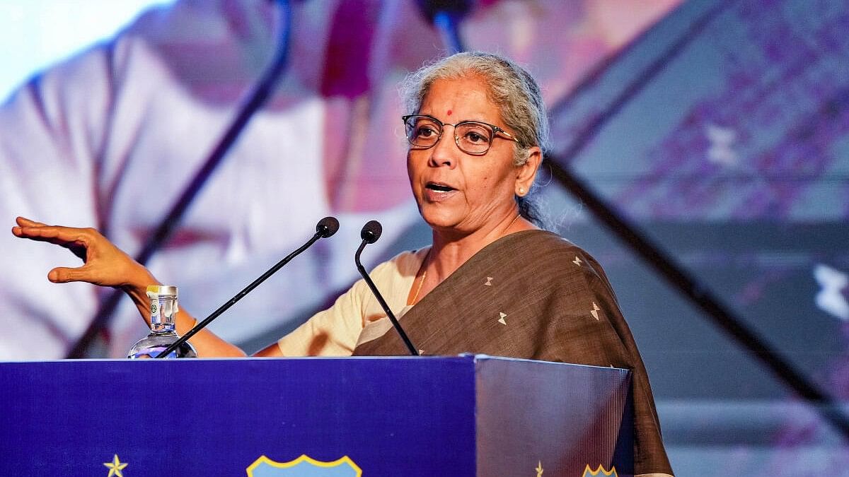 <div class="paragraphs"><p>Union Finance Minister Nirmala Sitharaman addresses during the inaugural session of the Global Conference on Cooperation in Enforcement Matters 2023 organised by the Directorate of Revenue Intelligence, in New Delhi, Monday, Oct. 30, 2023.</p></div>