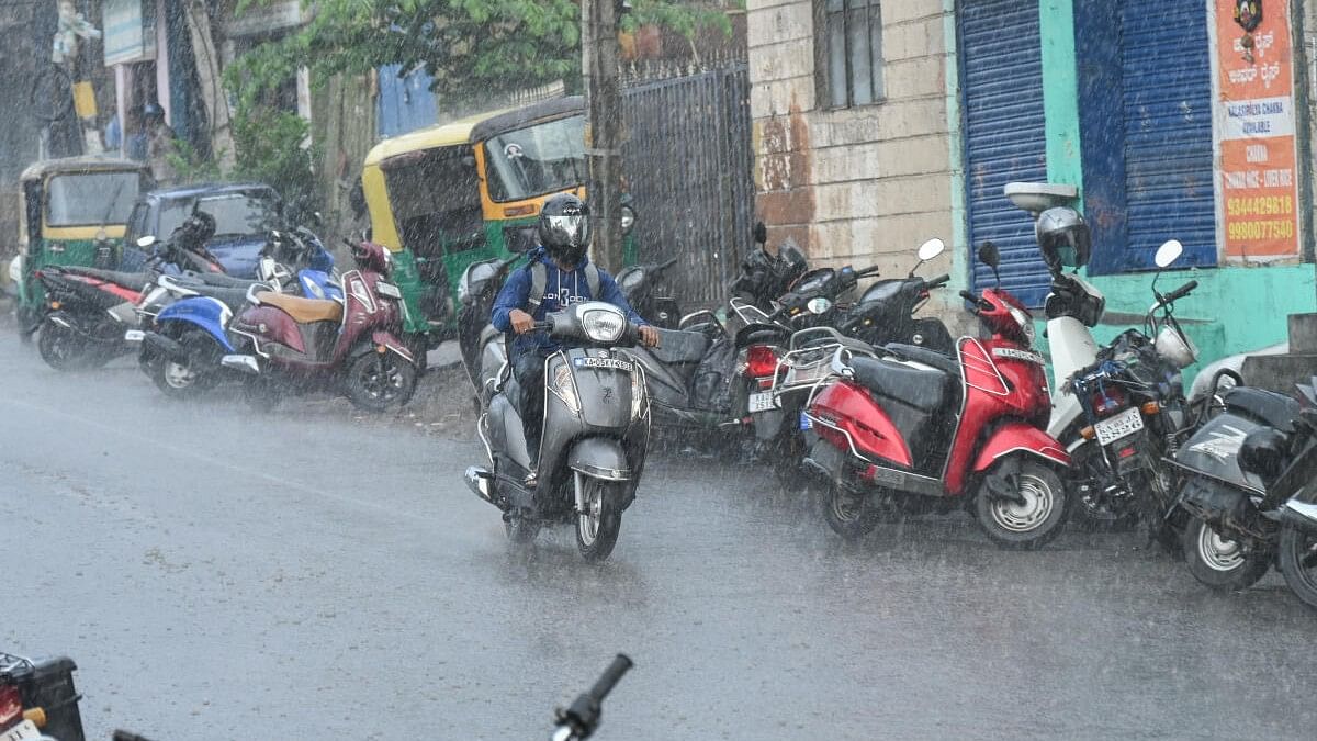 <div class="paragraphs"><p>A scooterist rides in the rain in Veerabhadra Nagar in Bengaluru.</p></div>