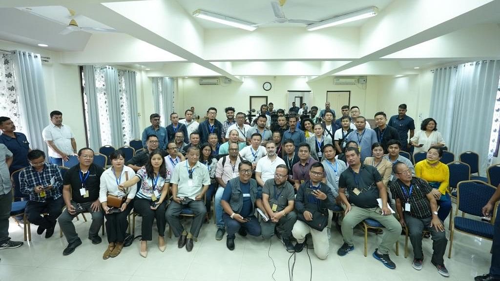 <div class="paragraphs"><p>Rahul Gandhi with mediapersons at Aizawl on Tuesday. </p></div>