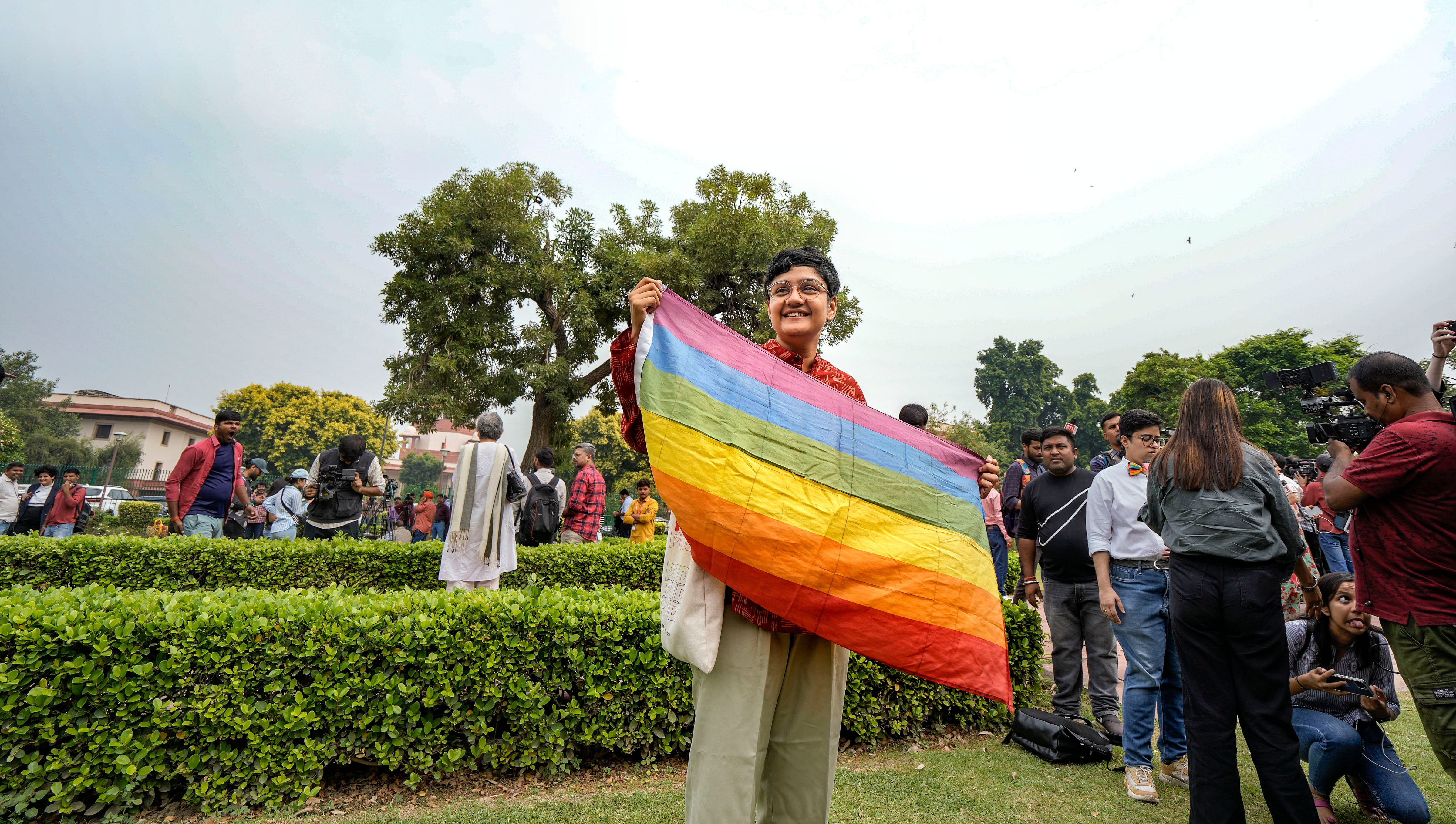 <div class="paragraphs"><p>LGBT rights activists and supporters on the premises of the Supreme Court during pronouncement of verdict on same-sex marriages by the apex court, in New Delhi.&nbsp;</p></div>