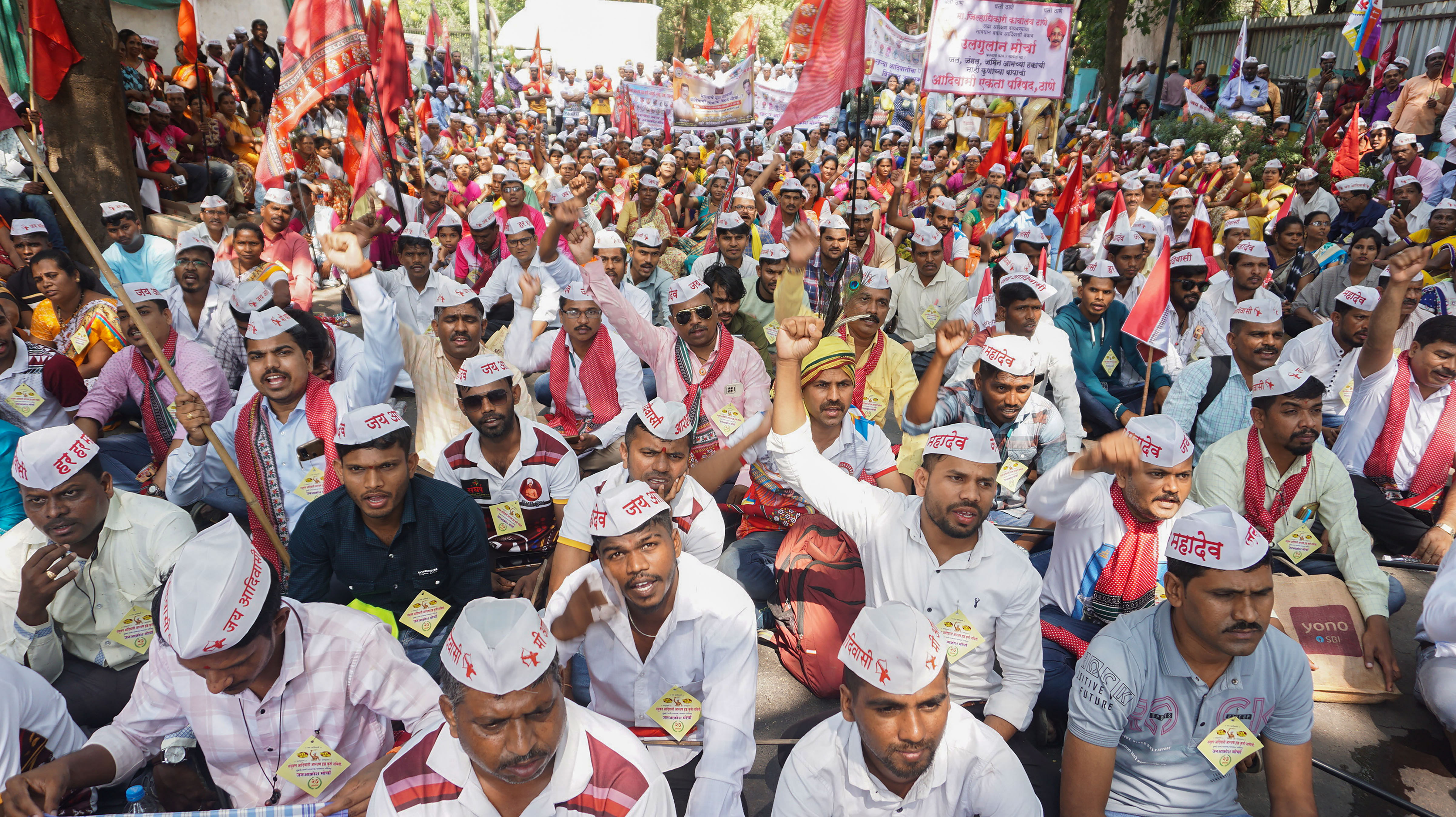 <div class="paragraphs"><p>Thane: Tribals stage a protest against Dhangar community's demand for inclusion in the scheduled tribes (ST) category, outside Thane Collector's office, Friday, Oct. 27, 2023. </p></div>