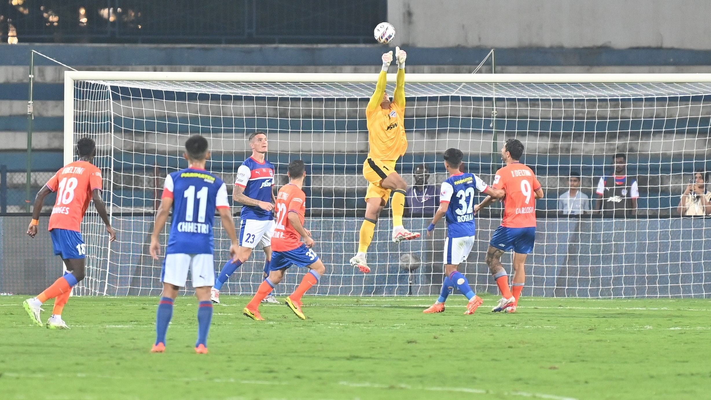 <div class="paragraphs"><p>BFC's Gurupreeth Sandhu (centre) makes a save during their ISL game against FC Goa on Wednesday. </p></div>