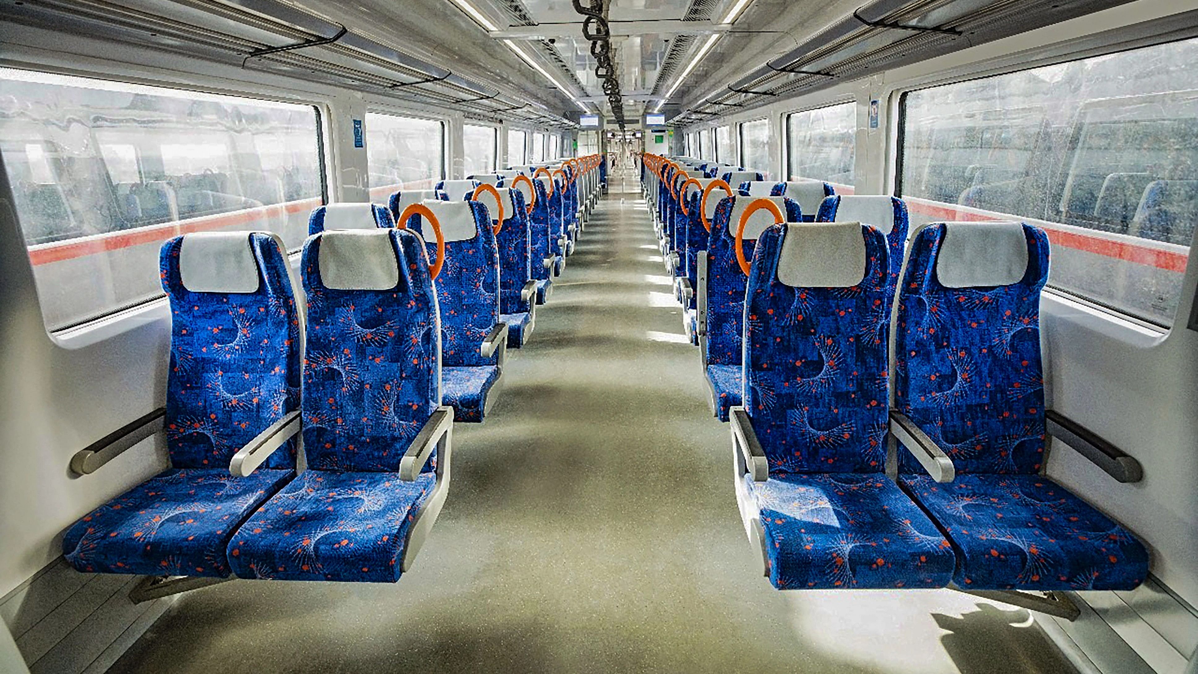 <div class="paragraphs"><p> Inside view of a RapidX train ahead of its scheduled inauguration on the Delhi-Ghaziabad-Meerut Regional Rapid Transit System (RRTS) by Prime Minister Narendra Modi, in Ghaziabad.</p></div>