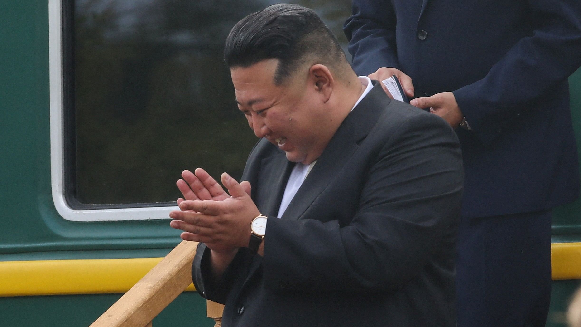 <div class="paragraphs"><p>North Korean leader Kim Jong Un reacts during a welcoming ceremony upon his arrival at a railway station in the town of Artyom outside Vladivostok in the Primorsky region, Russia.&nbsp;</p></div>