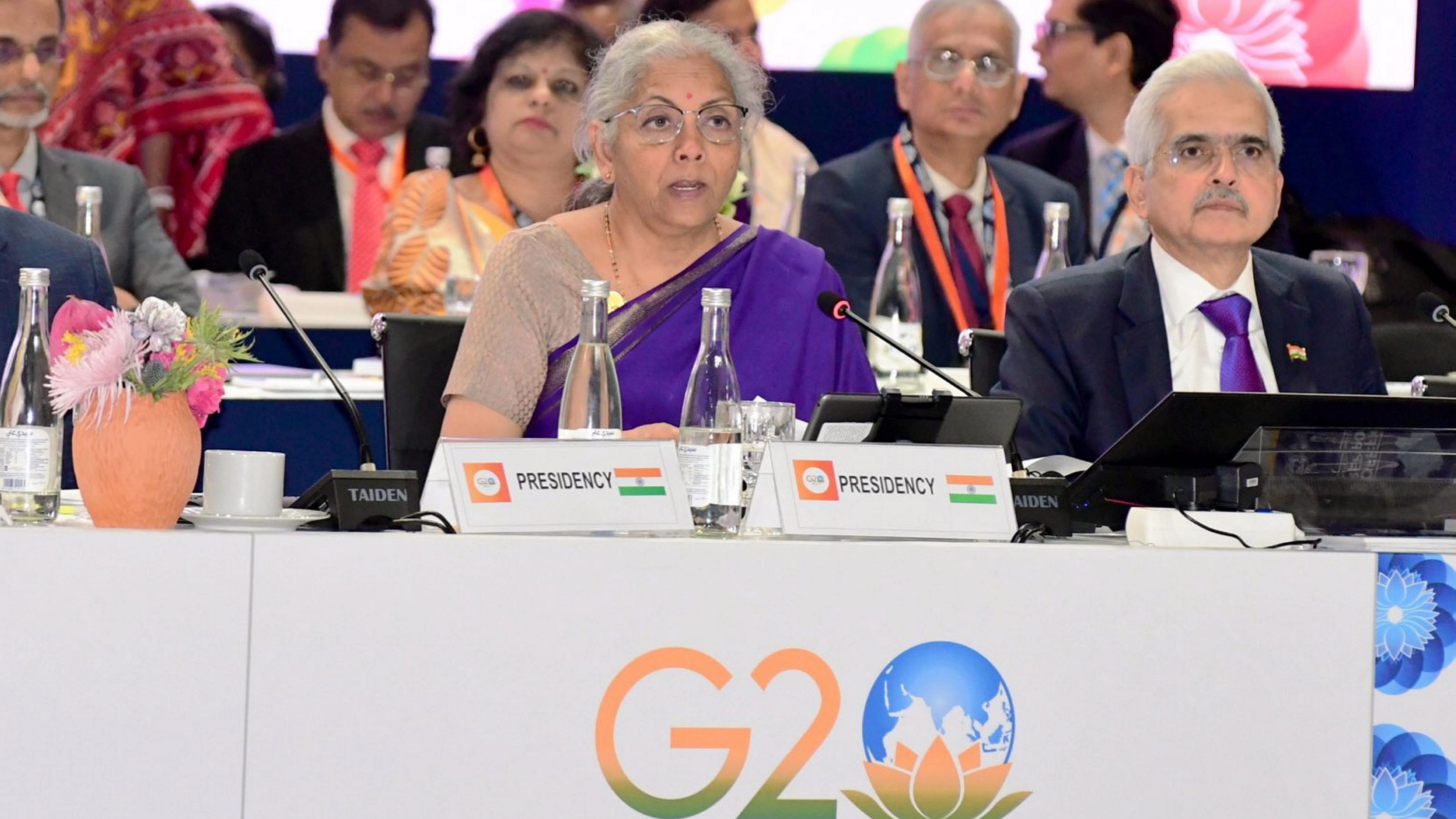 <div class="paragraphs"><p>Union Finance Minister Nirmala Sitharaman at the G20 Finance Ministers and Central Bank Governors' meeting at Marrakech, Morocco. RBI Governor Shaktikanta Das is also seen.</p></div>