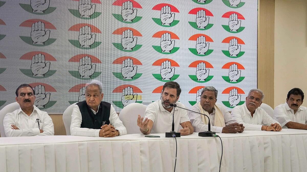 <div class="paragraphs"><p>Congress leader Rahul Gandhi speaks as Karnataka CM Siddaramaiah, Rajasthan CM Ashok Gehlot, Chhattisgarh CM Bhupesh Baghel, Himachal Pradesh CM Sukhvinder Singh Sukhu and party leader KC Venugopal look on during a press conference, in New Delhi, Monday, Oct. 9, 2023.</p></div>