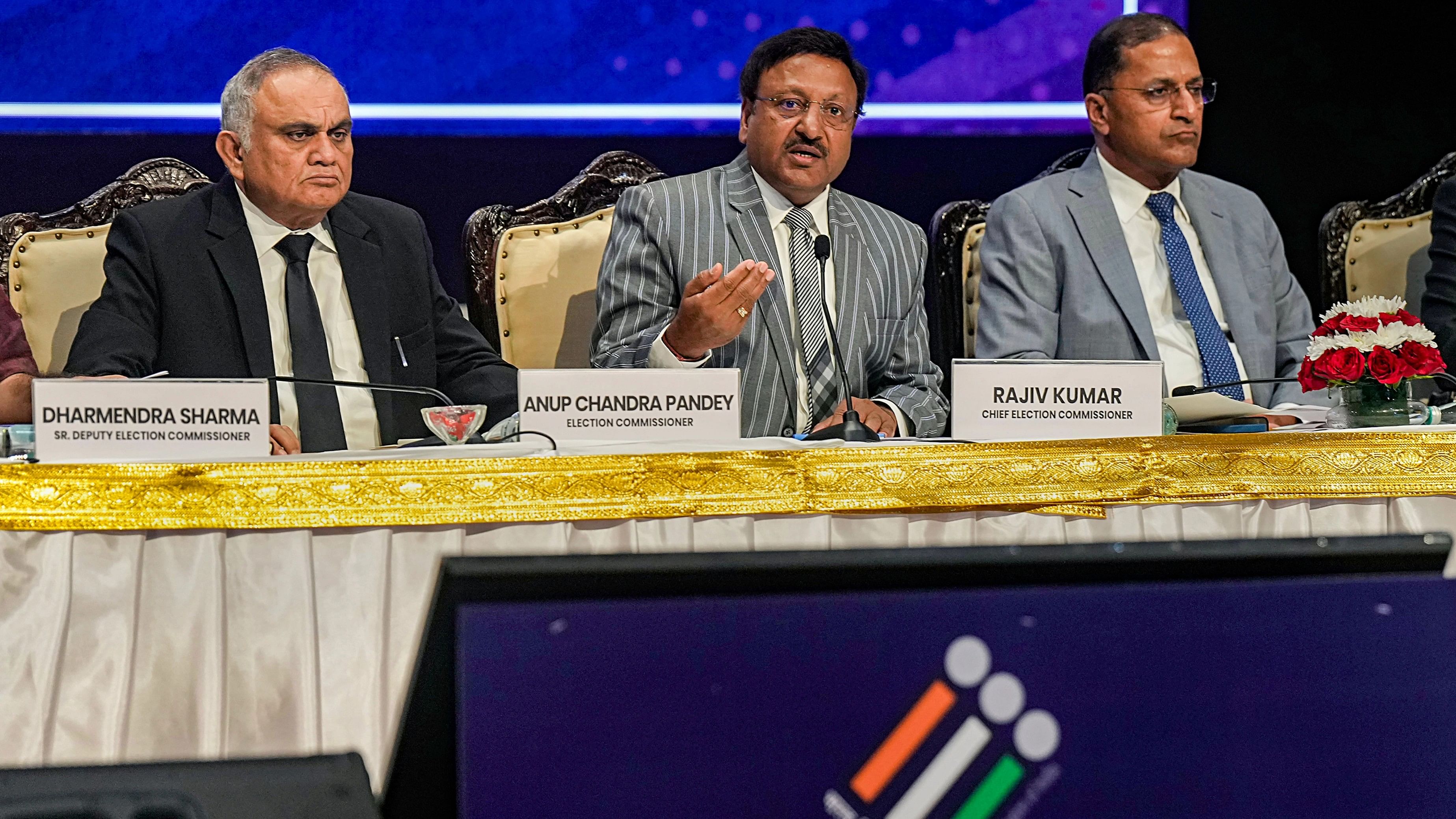 <div class="paragraphs"><p>New Delhi: Chief Election Commissioner Rajiv Kumar (R) with Election Commissioners Anup Chandra Pandey (C) and Arun Goel during a press conference for the announcement of schedule of Assembly elections in Mizoram, Chhattisgarh, Rajasthan, Madhya Pradesh and Telangana, in New Delhi, Monday, Oct. 9, 2023.</p></div>