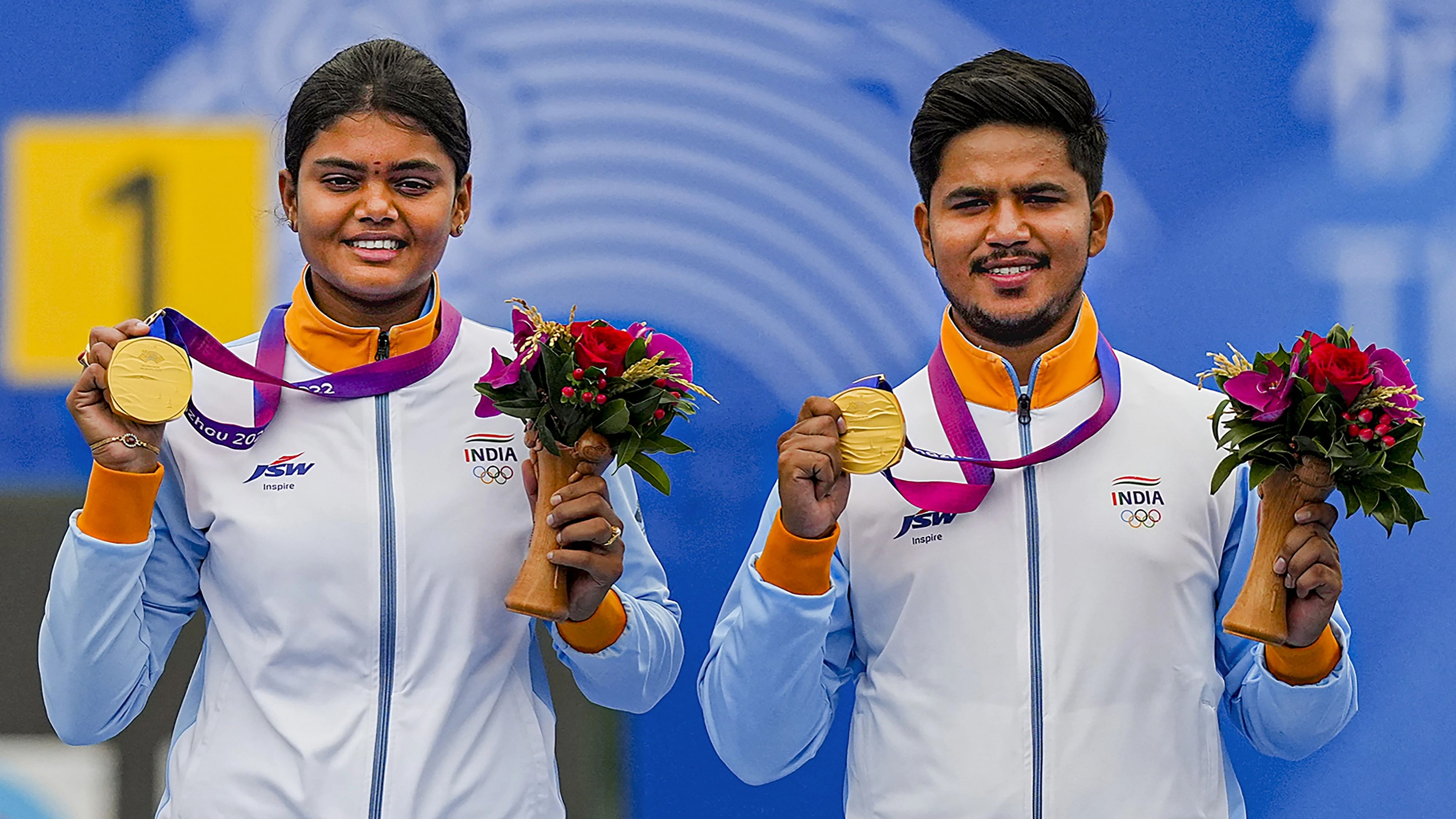 <div class="paragraphs"><p> Gold medal winner India's Ojas Pravin Deotale and Jyothi Surekha Vennam on the podium during the medal ceremony of mixed team compound archery event at the 19th Asian Games.</p></div>